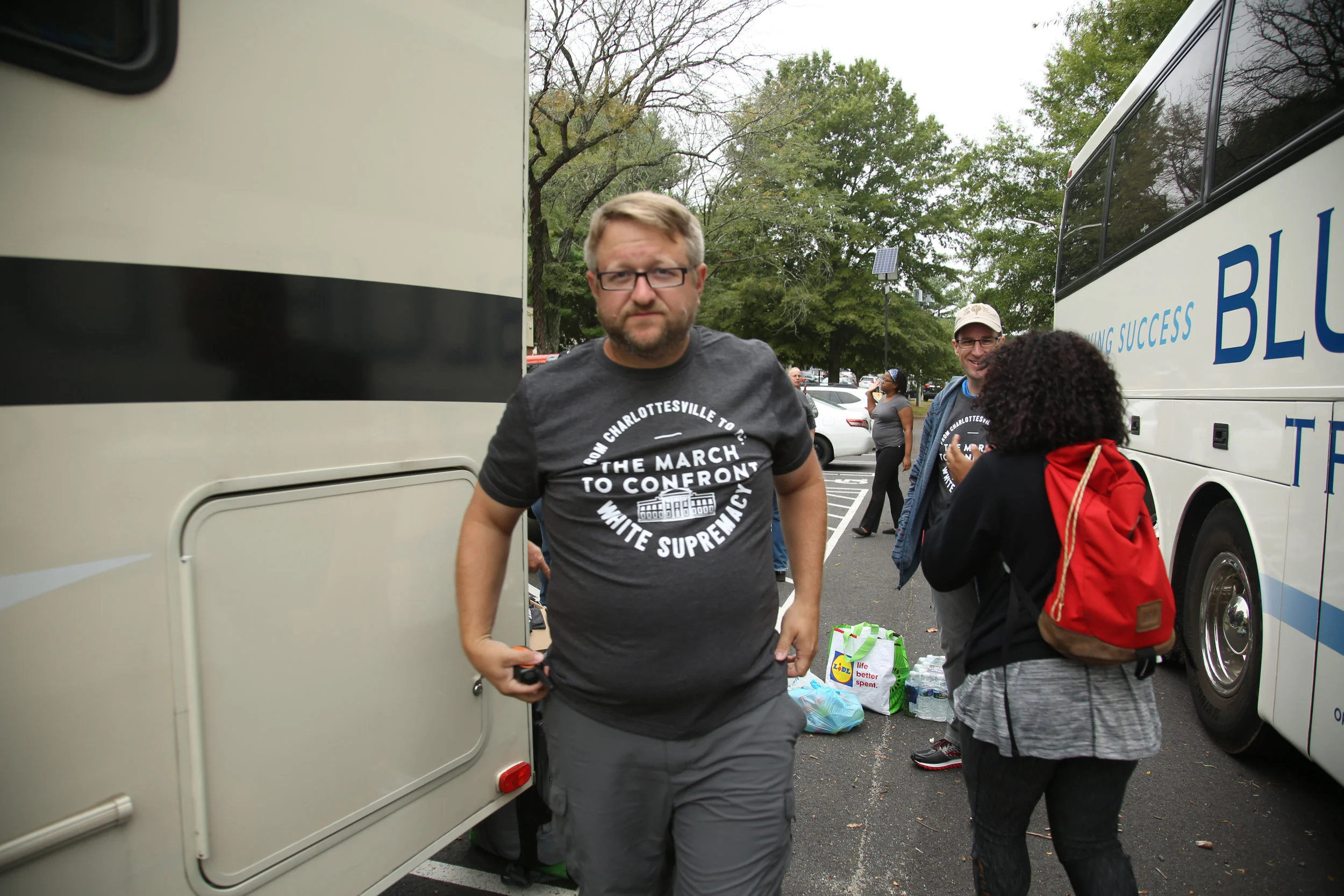 Protesters against white supremacy continue their protest march from Charlottesville to Washington, D.C. along a road in Virginia on September 1, 2017. They set off for the trek on Monday and have reportedly been halted by state police.