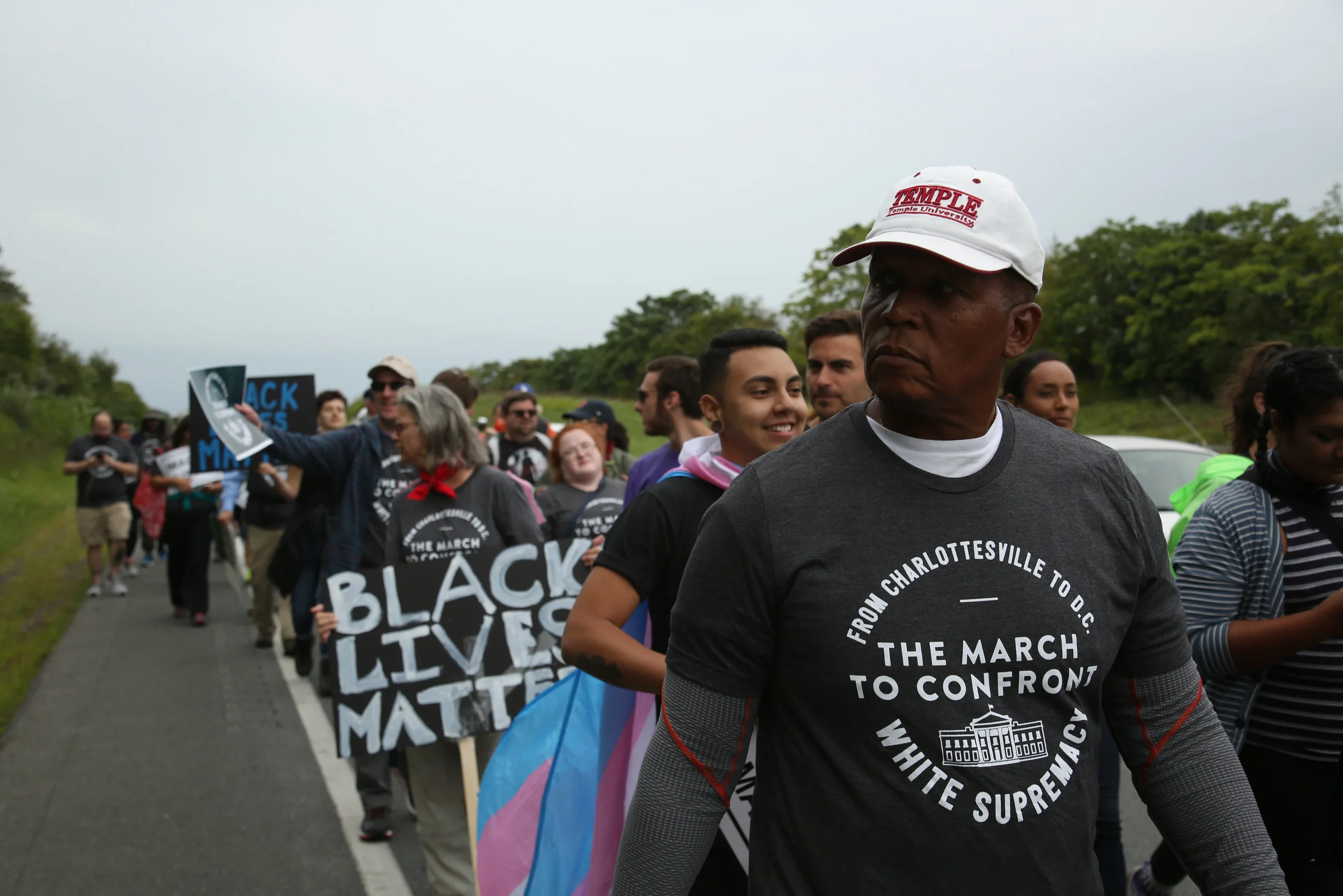 Protesters against white supremacy continue their protest march from Charlottesville to Washington, D.C. along a road in Virginia on September 1, 2017. They set off for the trek on Monday and have reportedly been halted by state police.