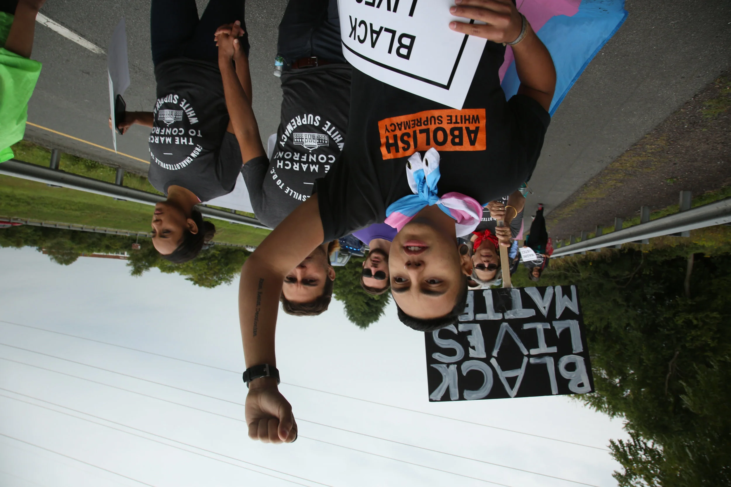 Protesters against white supremacy continue their protest march from Charlottesville to Washington, D.C. along a road in Virginia on September 1, 2017. They set off for the trek on Monday and have reportedly been halted by state police.