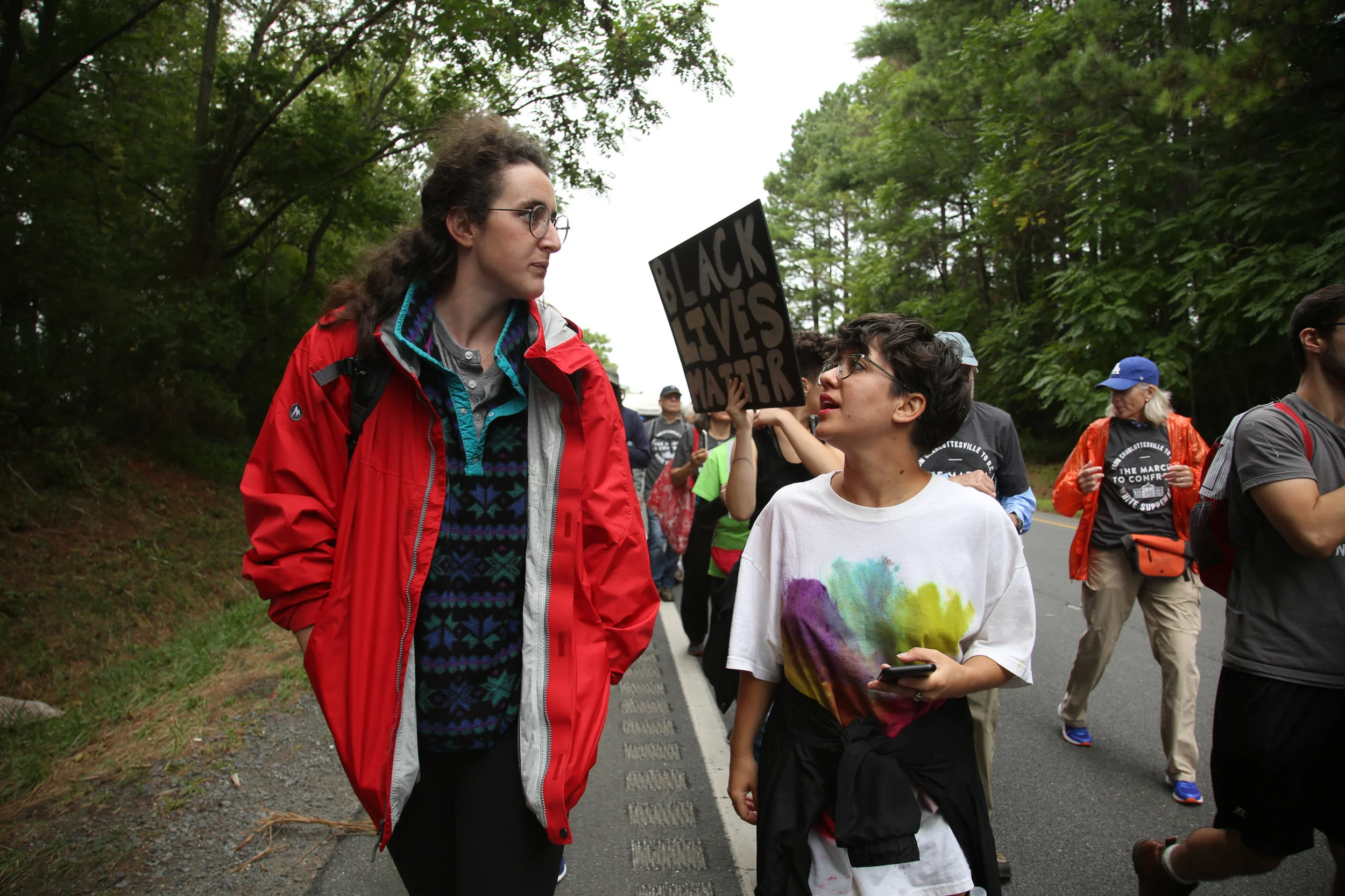 Protesters against white supremacy continue their protest march from Charlottesville to Washington, D.C. along a road in Virginia on September 1, 2017. They set off for the trek on Monday and have reportedly been halted by state police.