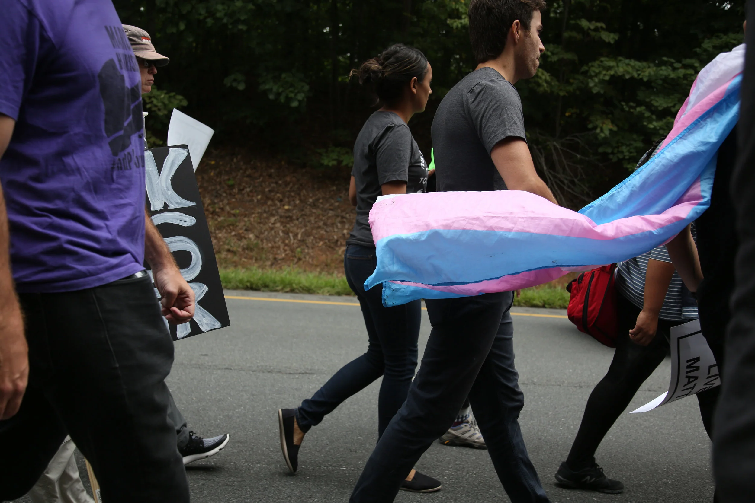 Protesters against white supremacy continue their protest march from Charlottesville to Washington, D.C. along a road in Virginia on September 1, 2017. They set off for the trek on Monday and have reportedly been halted by state police.