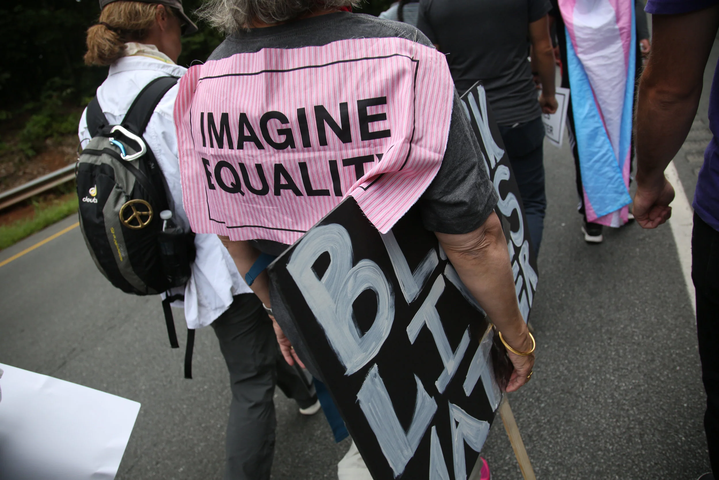 Protesters against white supremacy continue their protest march from Charlottesville to Washington, D.C. along a road in Virginia on September 1, 2017. They set off for the trek on Monday and have reportedly been halted by state police.