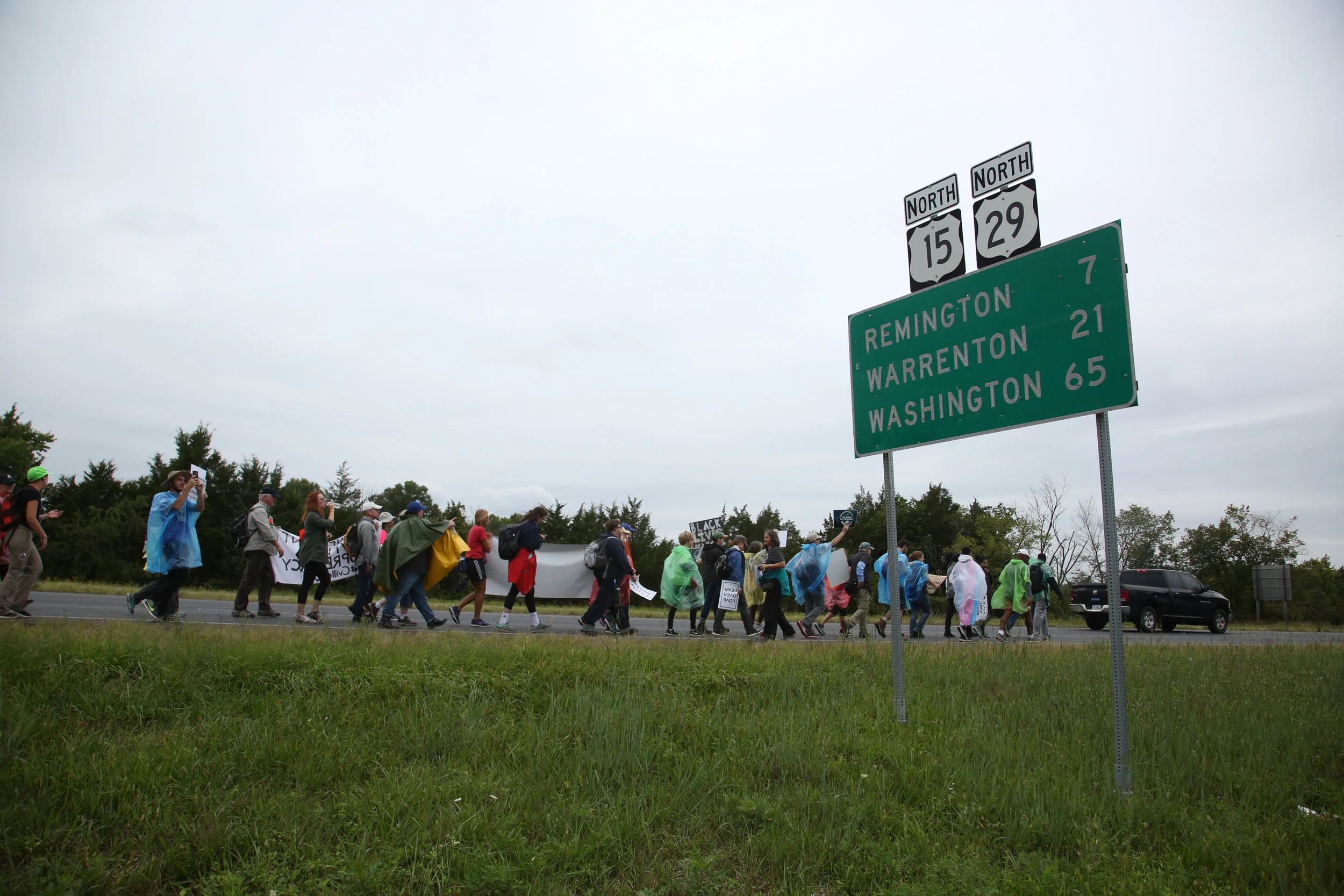 Protesters against white supremacy continue their protest march from Charlottesville to Washington, D.C. along a road in Virginia on September 1, 2017. They set off for the trek on Monday and have reportedly been halted by state police.