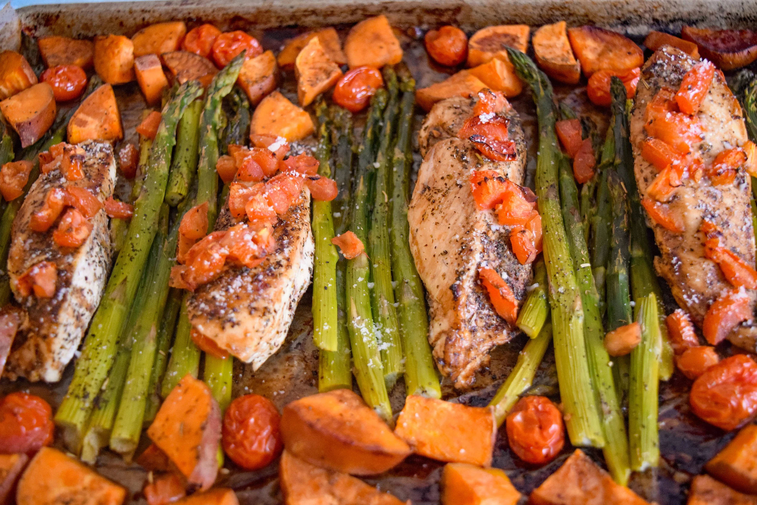 One Pan Balsamic Chicken Asparagus Tomatoes Sweet Potatoes Locally Simple