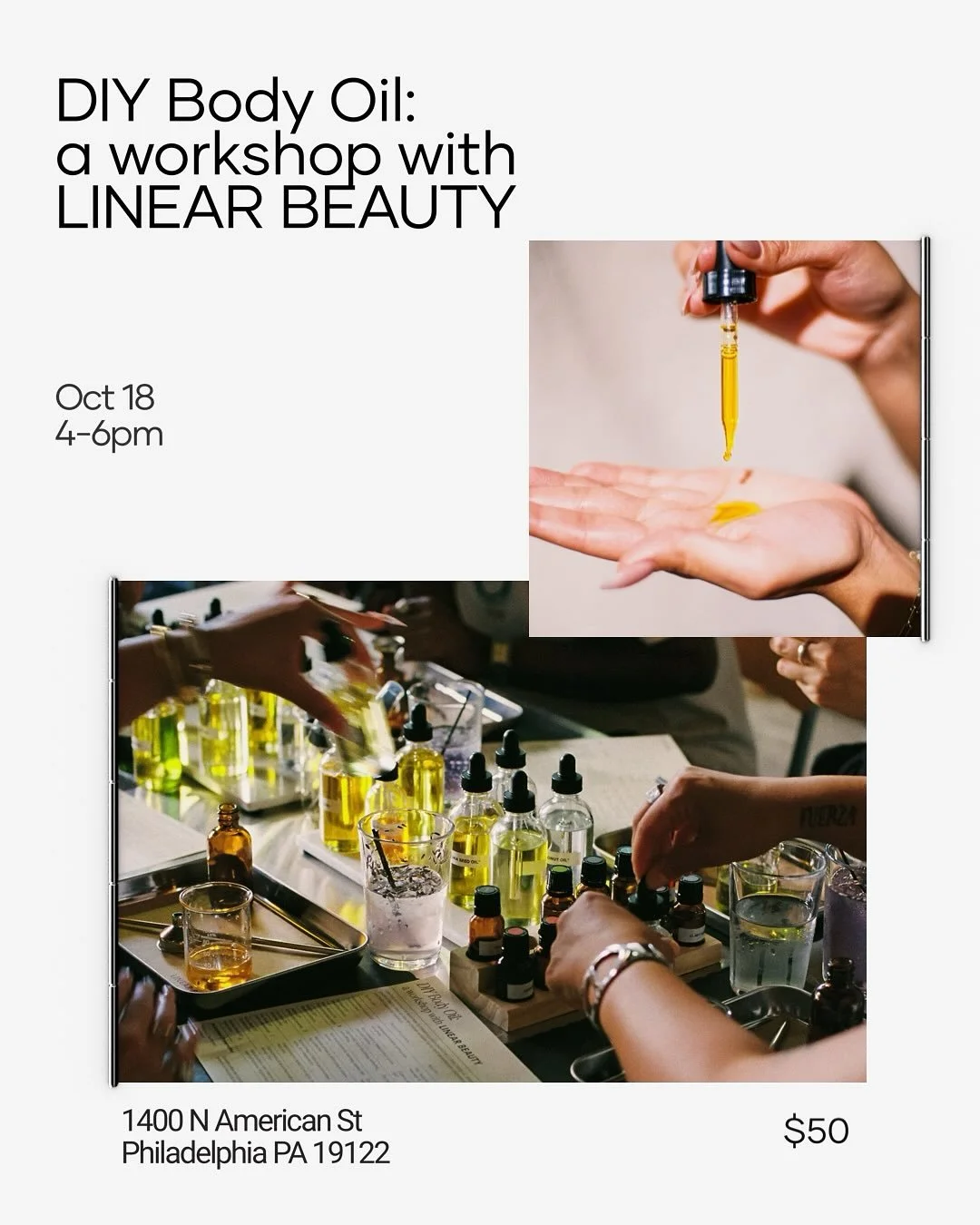 Join us for our first official DIY Body Oil Workshop Saturday Oct 18th from 4-6pm!

Elevate your self-care ritual by creating an all-natural, multipurpose body oil. Using high quality plant-based carrier oils and essential oils, this intimate worksho