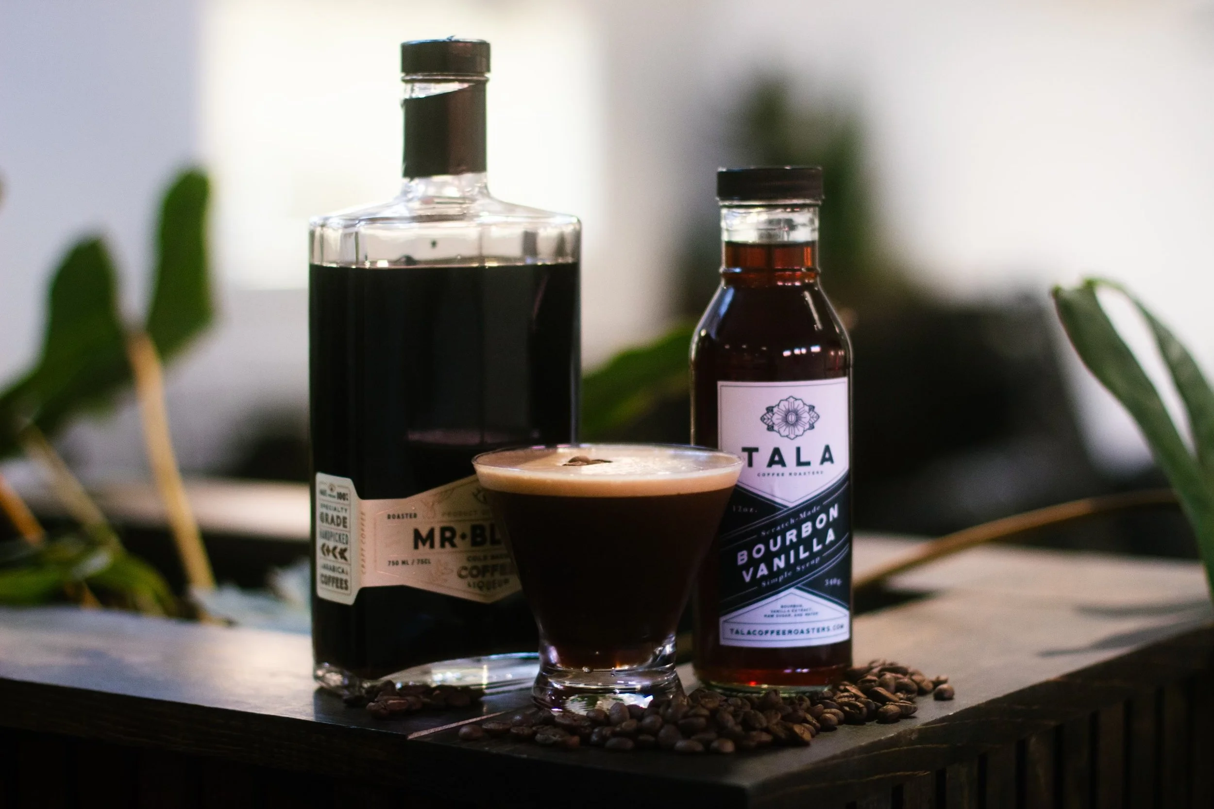 Espresso Martini ingredients: Coffee Liqueur, Tala Vanilla Syrup, Vodka, and Espresso