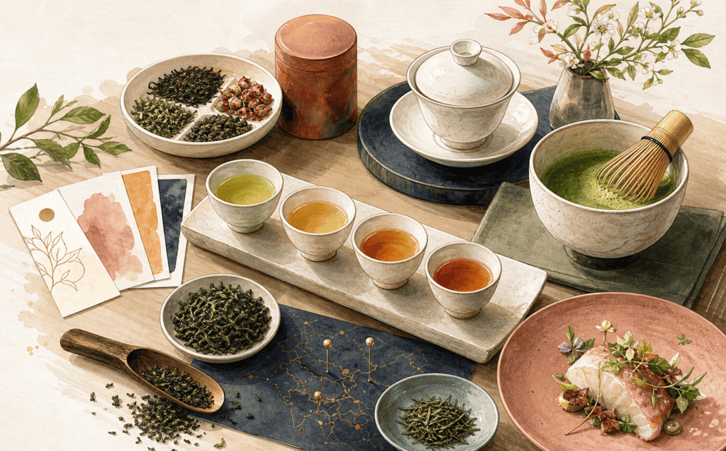 A drawing picture of a table where there are a matcha bowl, a gaiwan, a plate with different herbs, four cups with teas of different colours, a plate with food and herbs, a small map, two plates and a spoon with tea