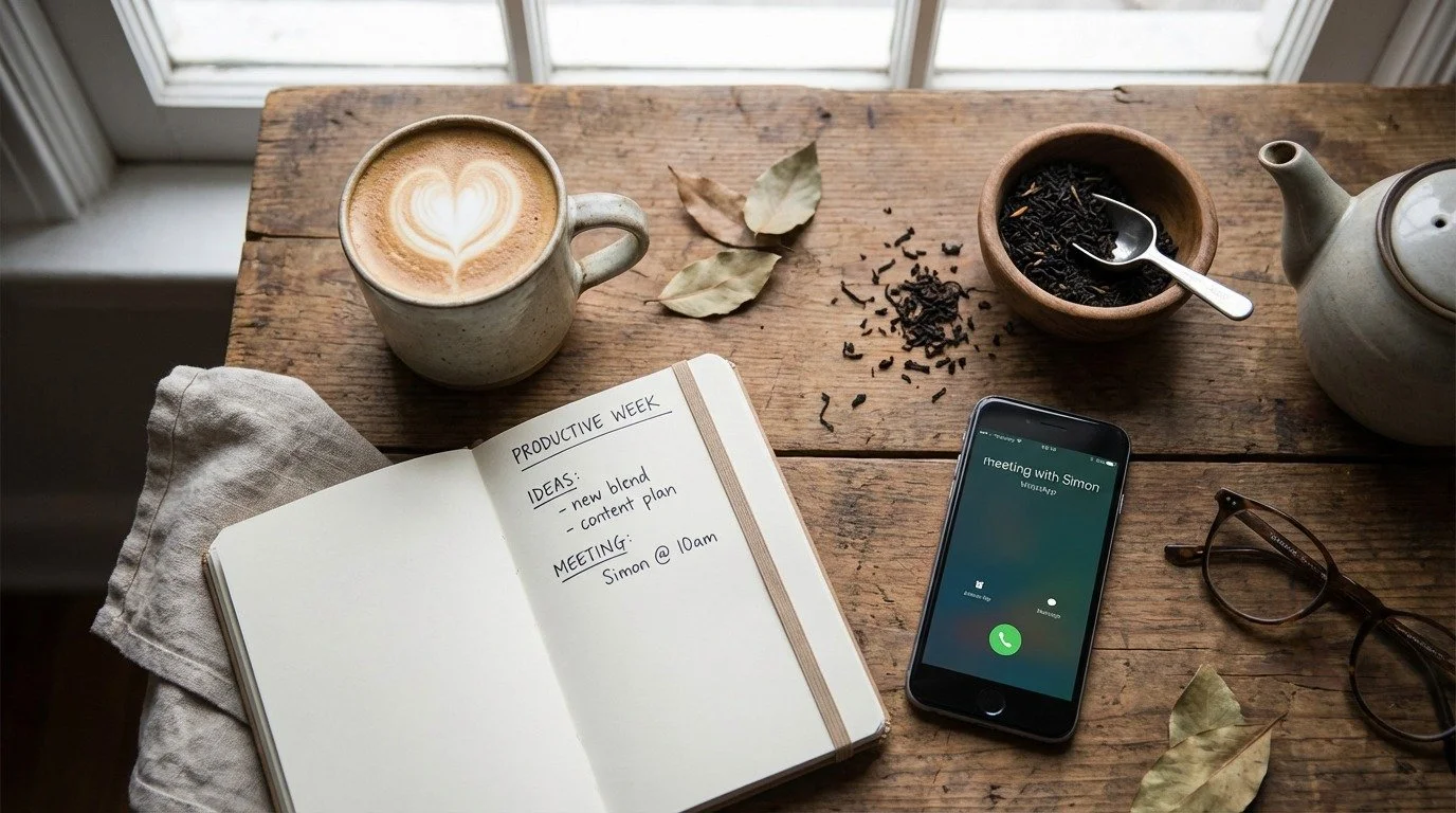 An AI generated image of a table where there are a cup of coffe, a bowl with tea lleaves, a diary and a mobile phone