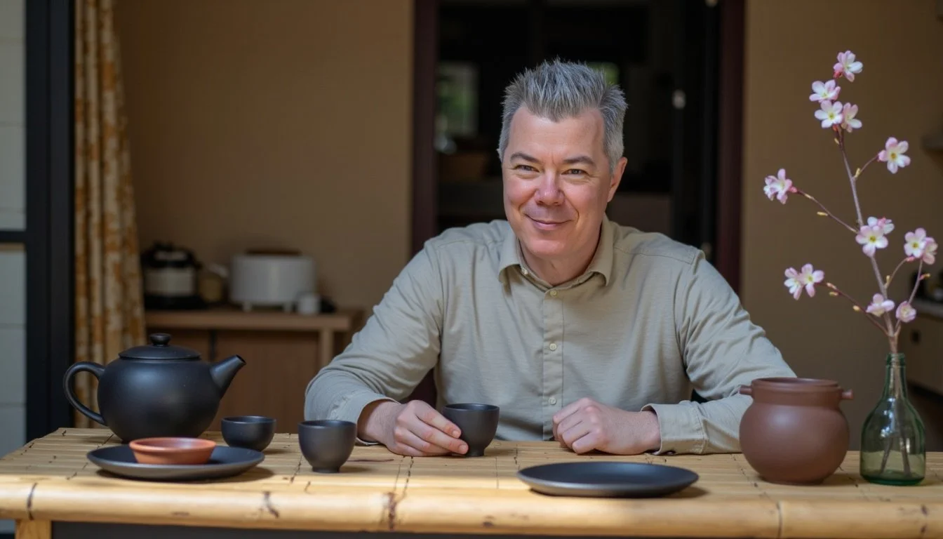 An AI generated image of Stijn Van Schoonlandt sitting at a table holding a cup of tea. There are more cups and a teapot on the table