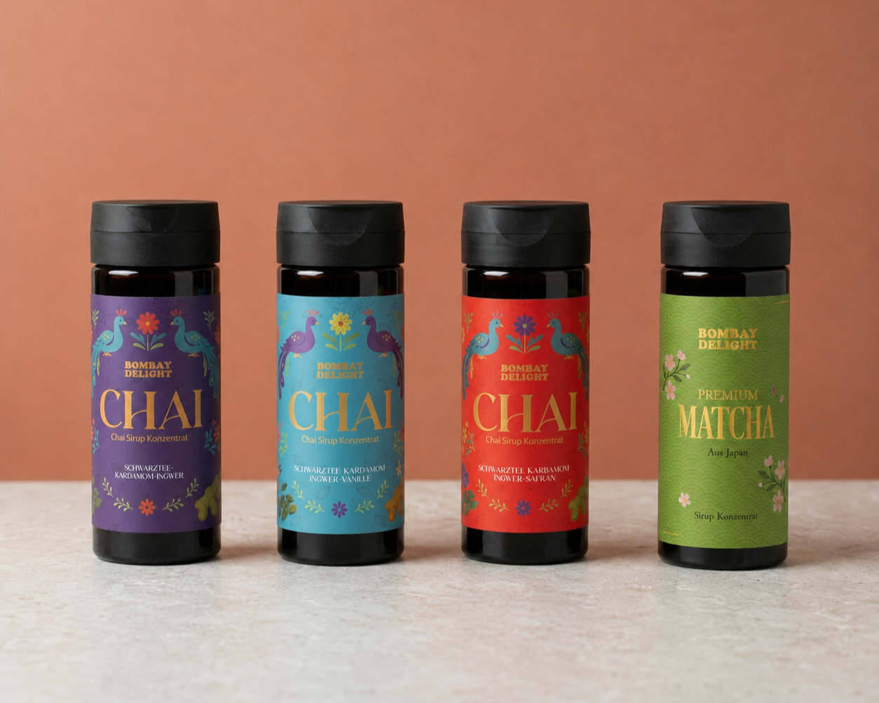 6 different packaging showing the peacock motif
