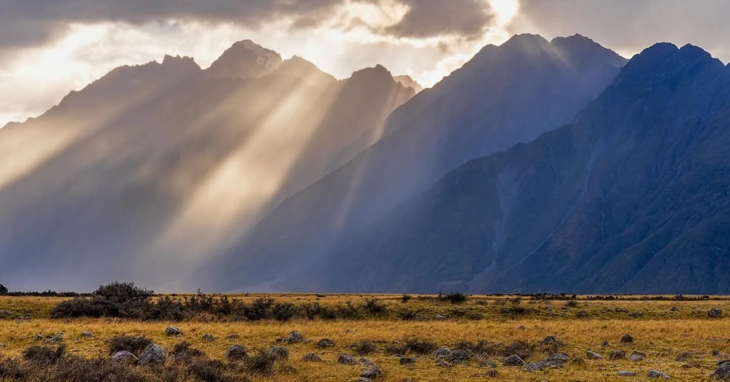 &ldquo;Leaving Aoraki&rdquo;

Early Morn, Tasman Valley, Aoraki / Mt Cook National Park.

After a couple of rained out days at Aoraki / Mt Cook National Park, some of the most stunning scenes for our trip on the way out!
Rays of light pierced through
