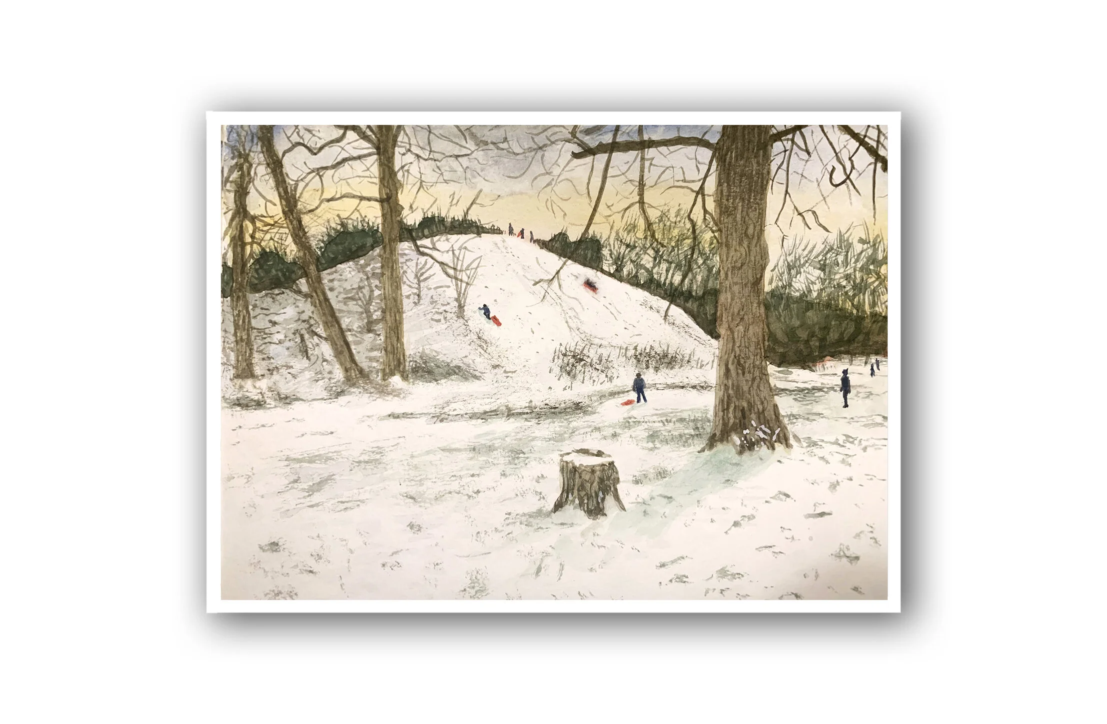 Gilcee print of people sledging on Worm Hill - an art print of a watercolour painting by Claire O'Brien