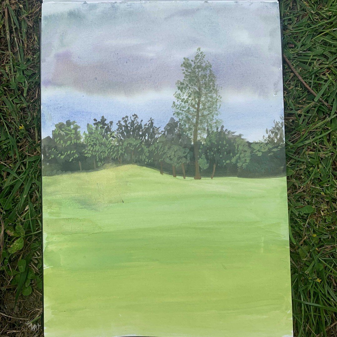 Here's another plein air gouache painting that I painted a couple of weeks ago while watching my kids learning to play golf.  I've posted a process shot of how I start my paintings; I paint the background first.  For this one I tried to capture the r