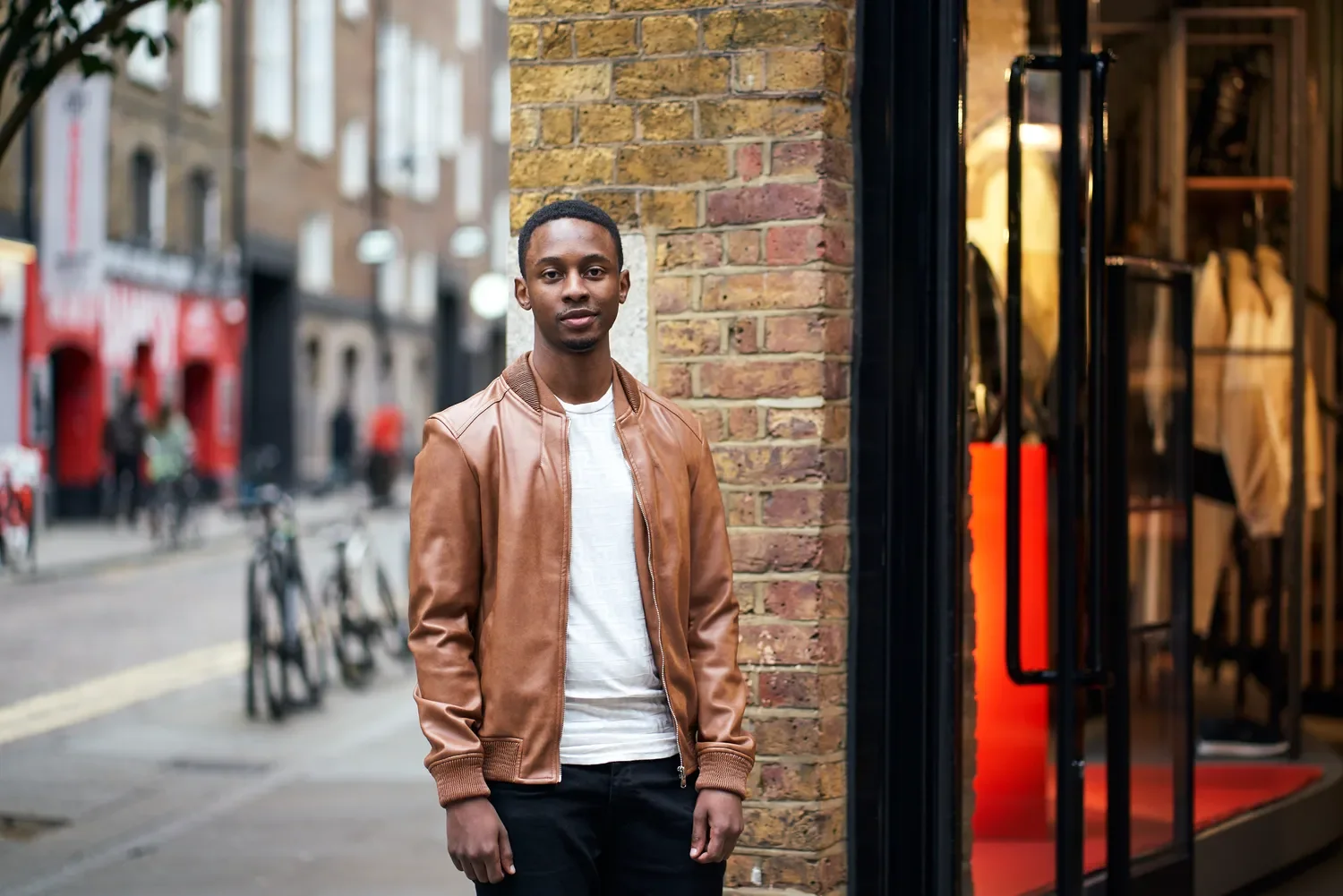 Man in leather jacket street portrait, Covent Garden London
