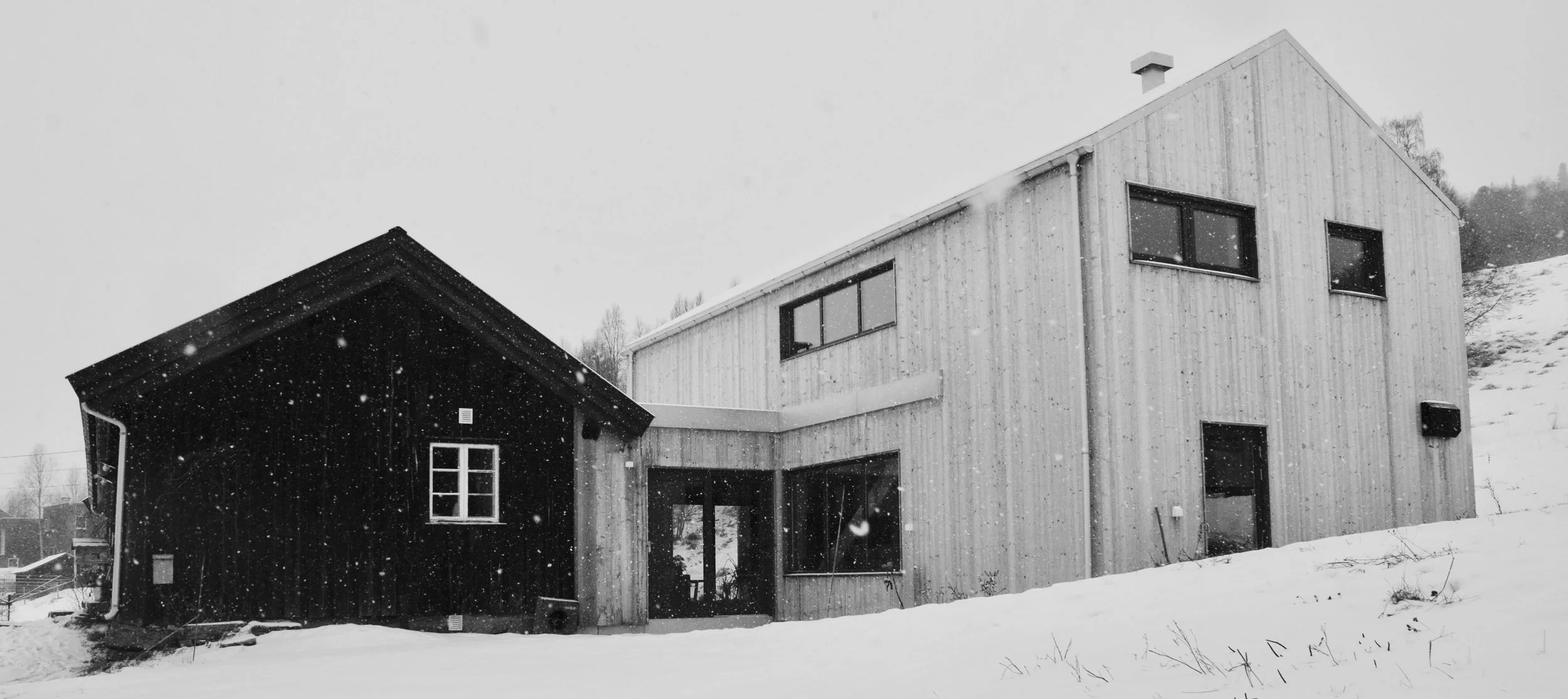 Fasade av tilbygg på enebolig, arkitekttegnet