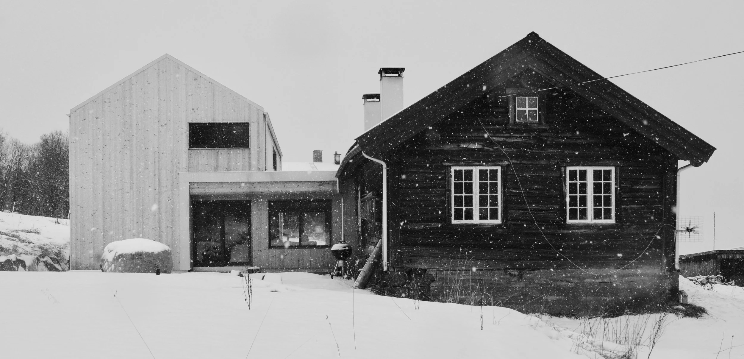 Fasade av tilbygg på enebolig, arkitekttegnet