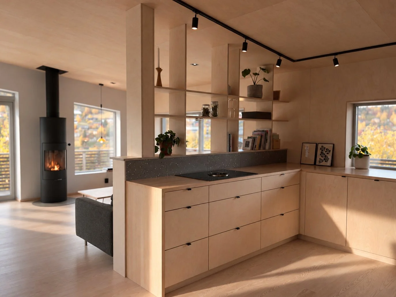 Interiørarkitektur enebolig, kjøkken og stue