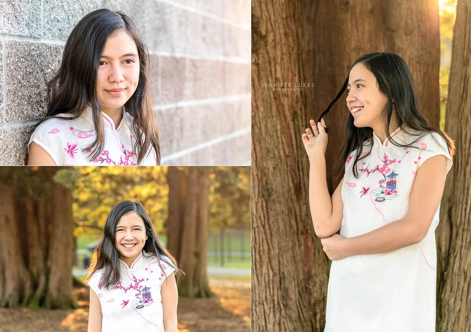 Seattle tween girl photo session representing her Chinese heritage in a white cheongsam with pink and blue embroidery.