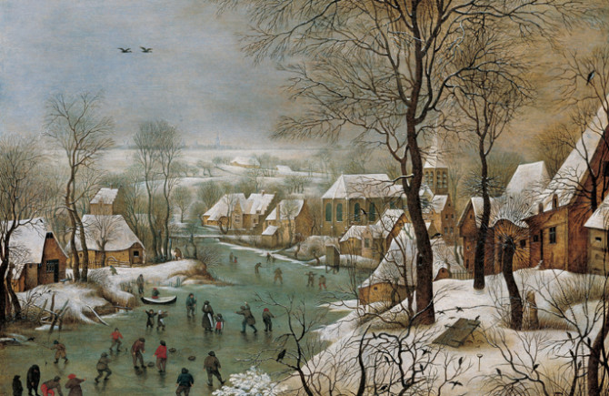 Brueghel il Vecchio – Paesaggio invernale con pattinatori e trappola per uccelli
