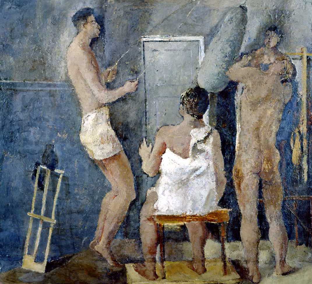 Fausto Pirandello, figlio del più noto Luigi, dipinse “la palestra” nel 1934. Evidenti le influenze di Cezanne e Picasso in questa tela.