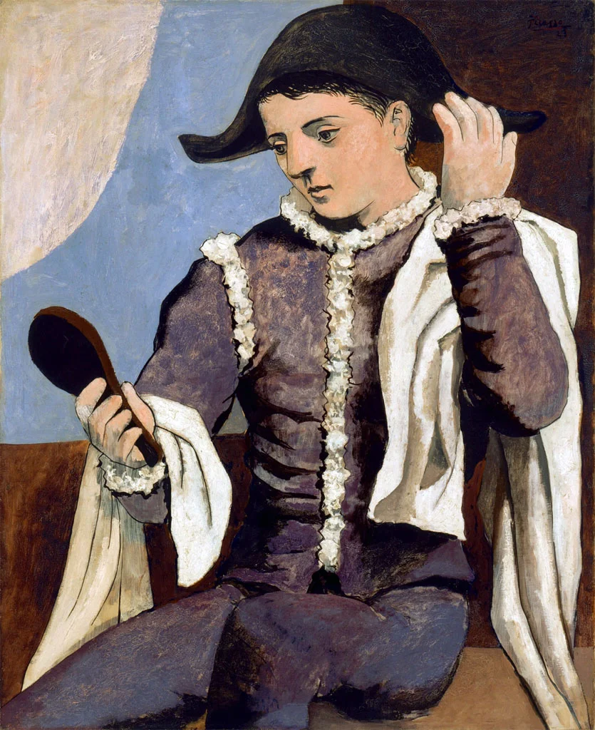Arlecchino con specchio, 1923, olio su tela, 100 x 81 cm.