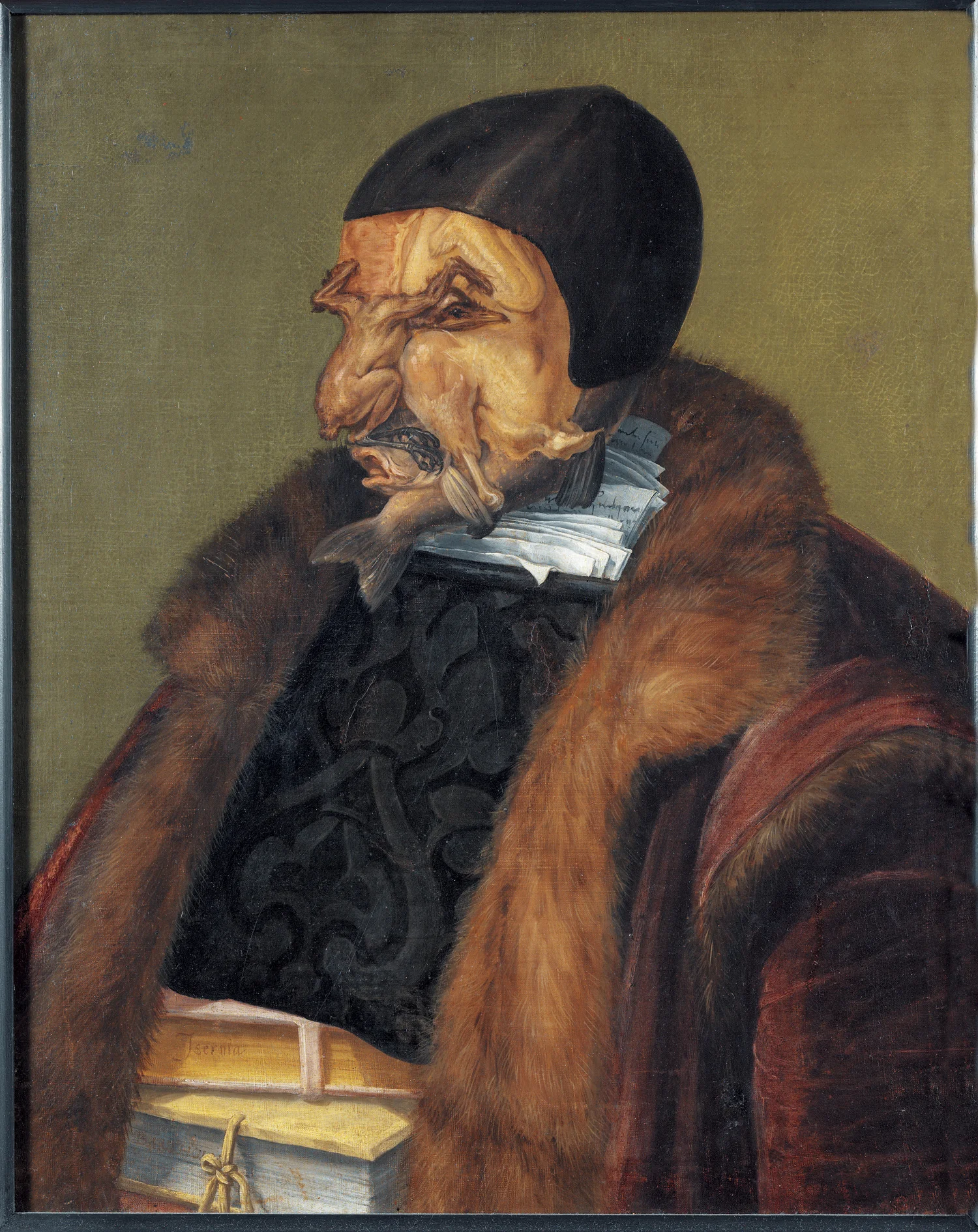 Il Giurista, 1566, olio su tela. Stoccolma, Nationalmuseum. Tramite questa caricatura Arcimboldo ironizza fortemente il mestiere del giurista, mettendolo quasi in ridicolo; il volto è infatti composto da una quaglia, un pollo e dei pesci, facendone una sorta di creatura mostruosa.