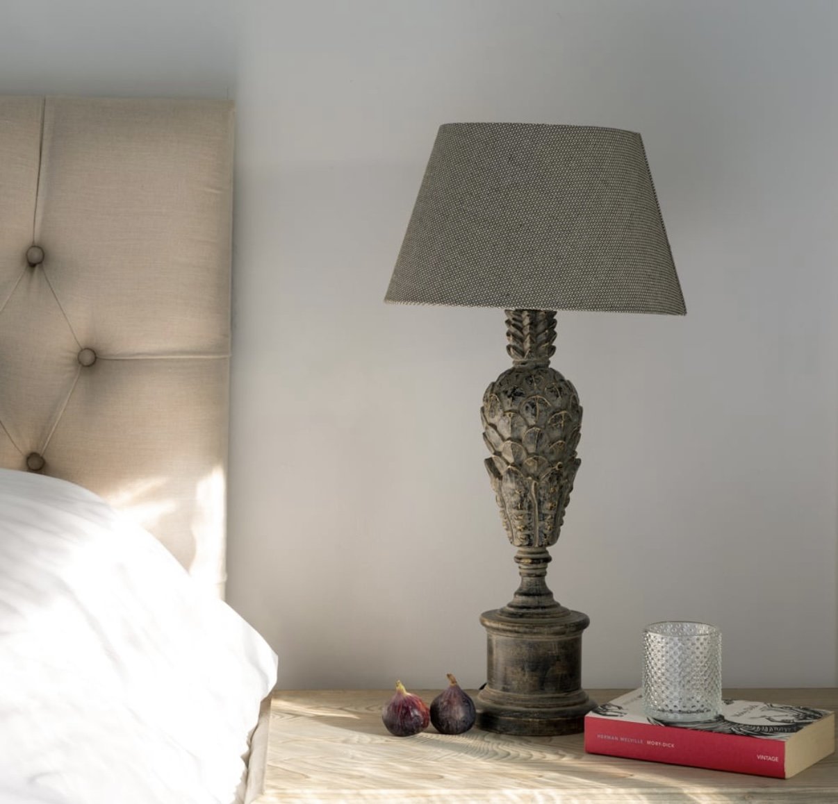 Hand Carved Wooden Lamp with Grey Shade