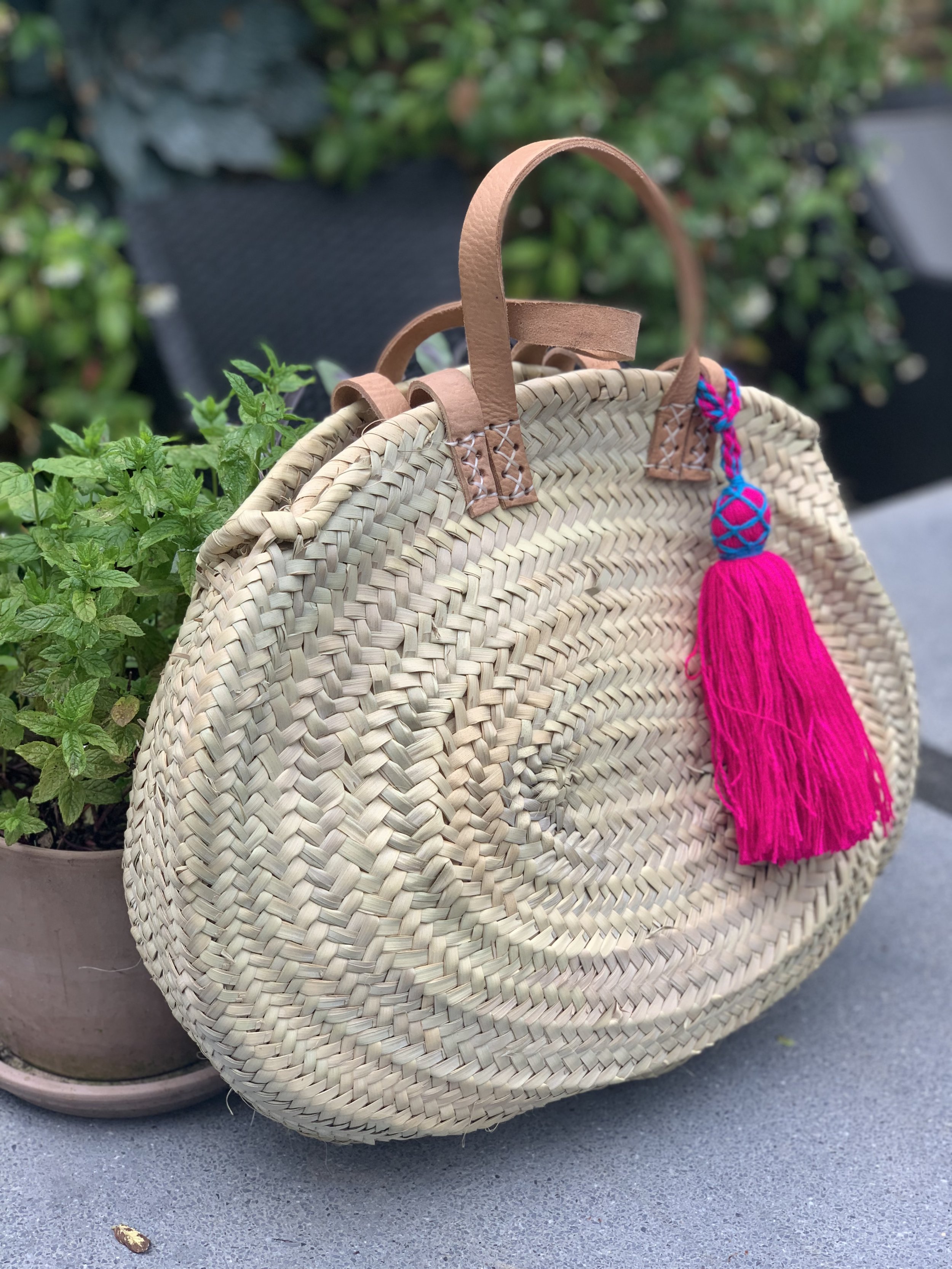 Handmade Oval Woven Basket with Leather Handles