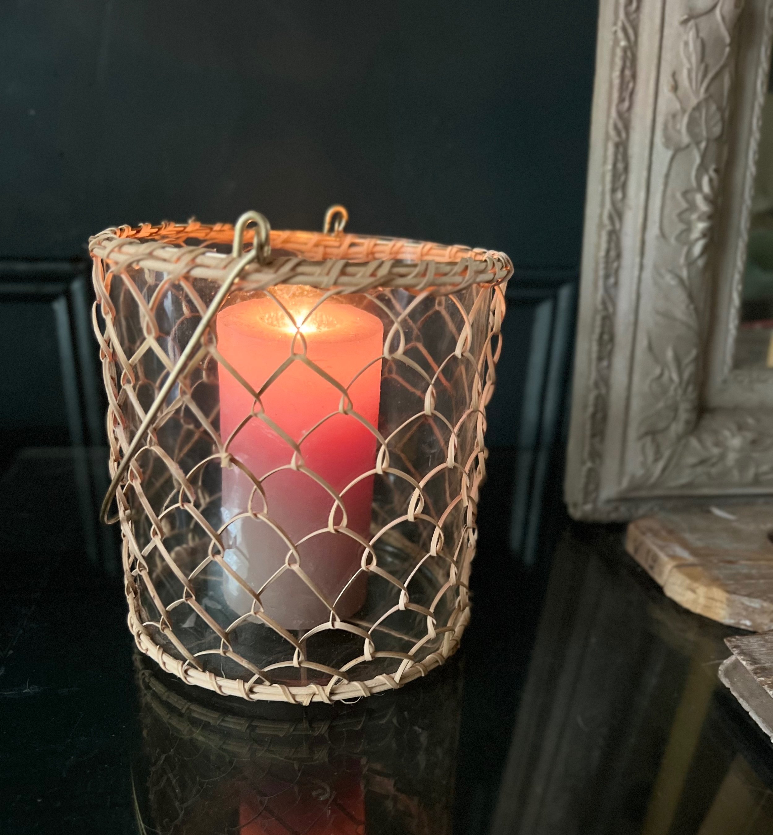 Cane and Glass Candle Holder with Handle