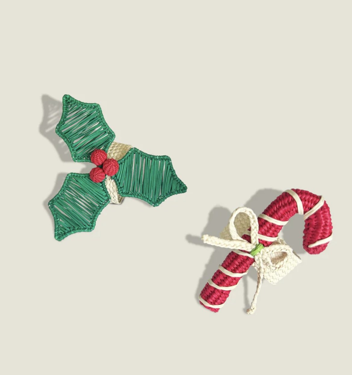 Hand Woven Holly Leaf Napkin Ring with Candy Cane Napkin Ring.jpeg