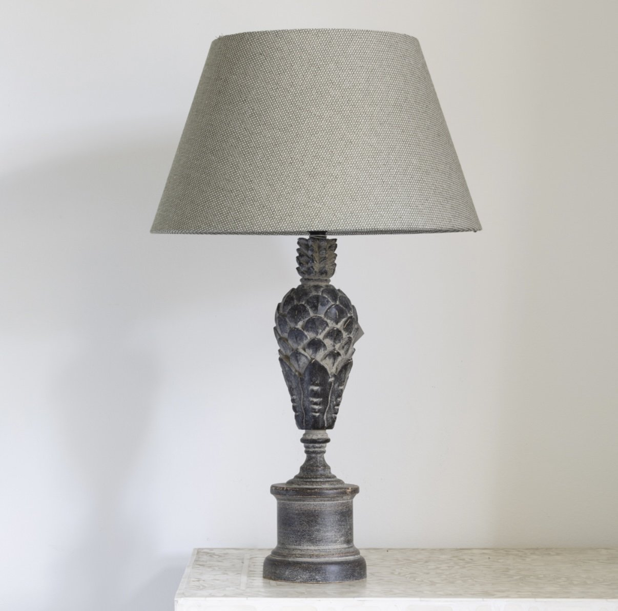 Hand Carved Distressed Stained Wooden Lamp with Shade