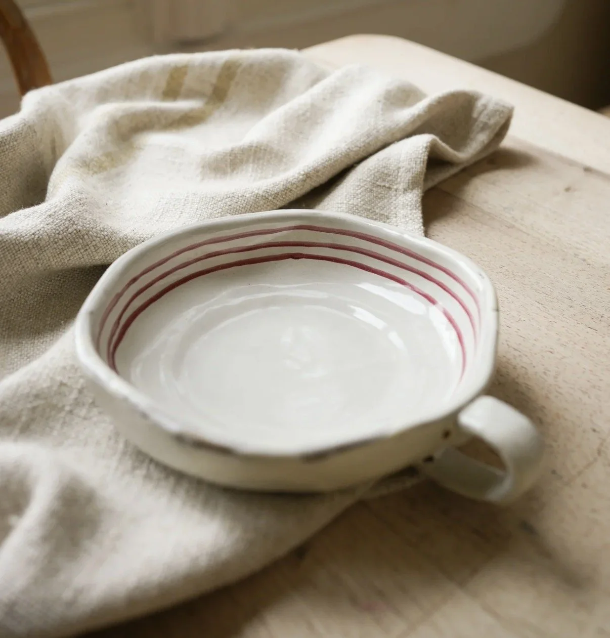 Hand Painted Red Stripe Stoneware Dish with Handle.jpeg