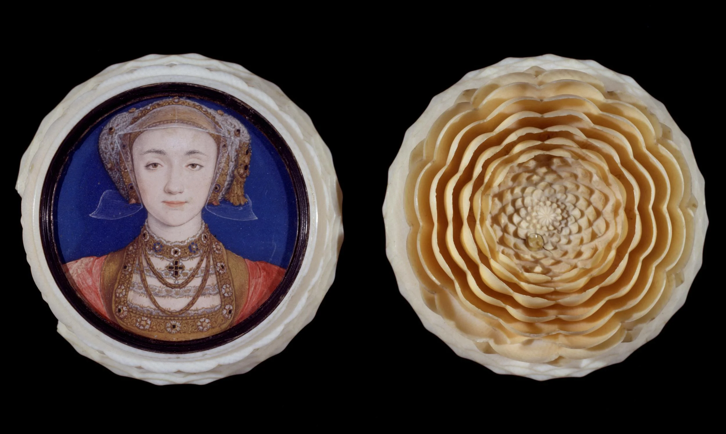 Fig 1. Portrait miniature of Anne of Cleves (1515-1557), set in a turned ivory box Holbein, Hans, born 1497 - died 1543 © Victoria and Albert Museum, London