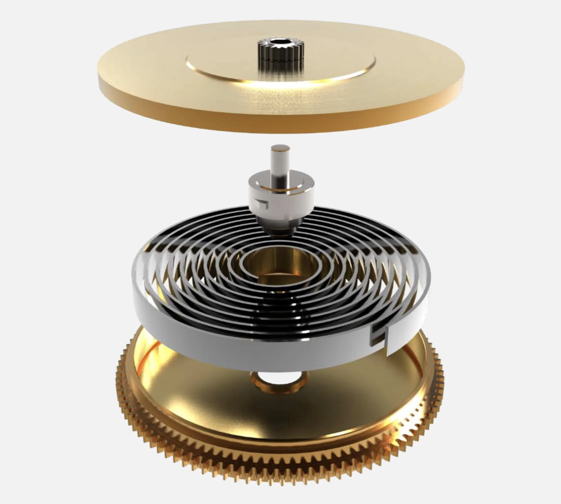 A virtual image of an exploded barrel (with an unfinished mainspring).