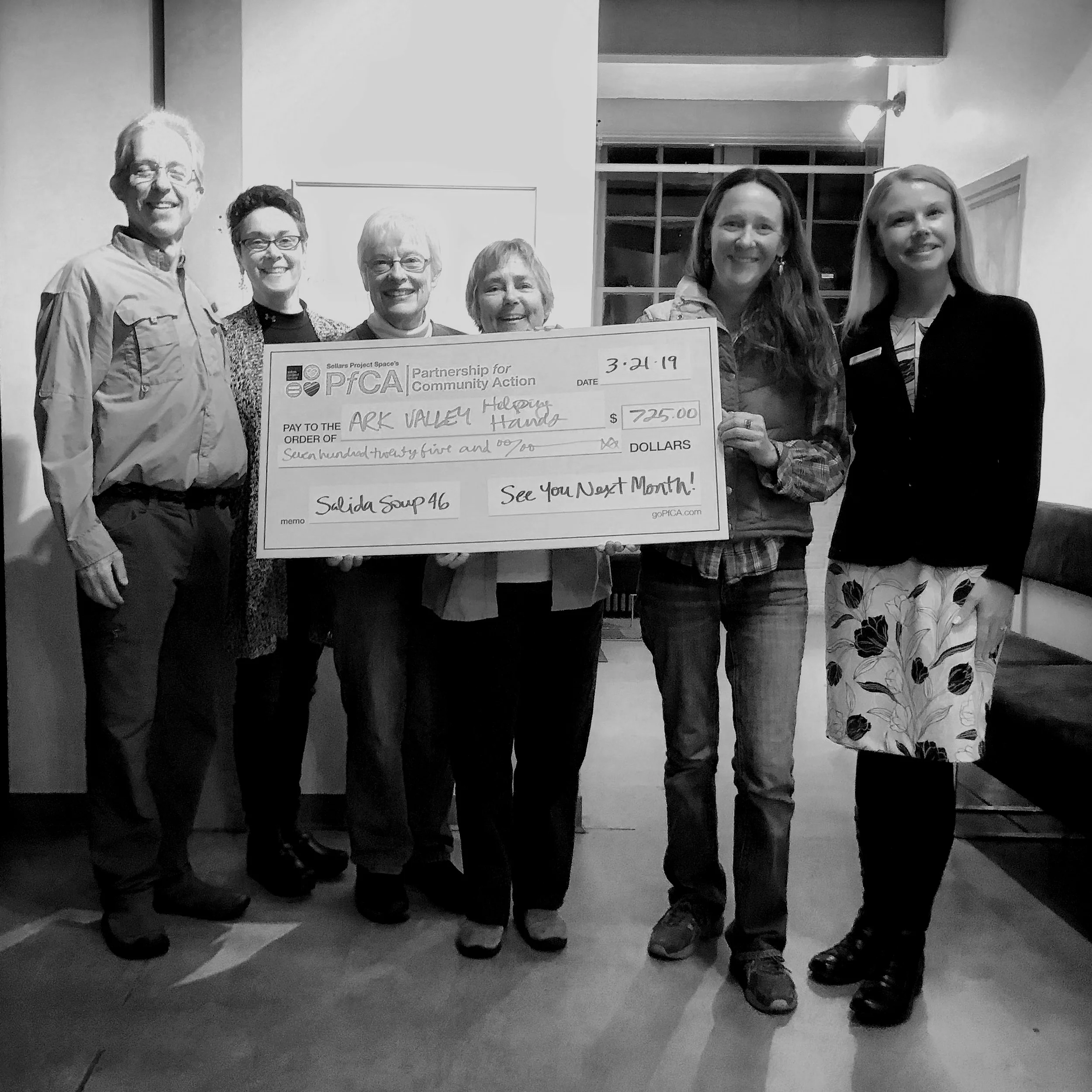 AVHH Members pose with the Big Check after winning Salida Soup 46. From left: Dr. Tom Syzek, Leslie Matthews, Marilyn Bouldin, Dee Dubin, Sara Ward, and Andrea Carlstrom.