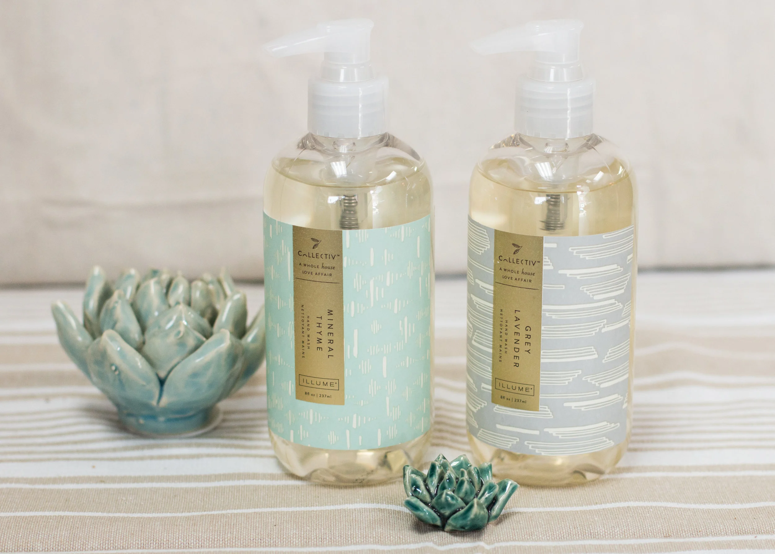 Sometimes the smallest changes can make life infinitely better - these hand soaps are just that! From our popular illume line, these mineral thyme and grey lavender pump soaps smell dreamy. we also have a complimenting counter spray to make a complete set!