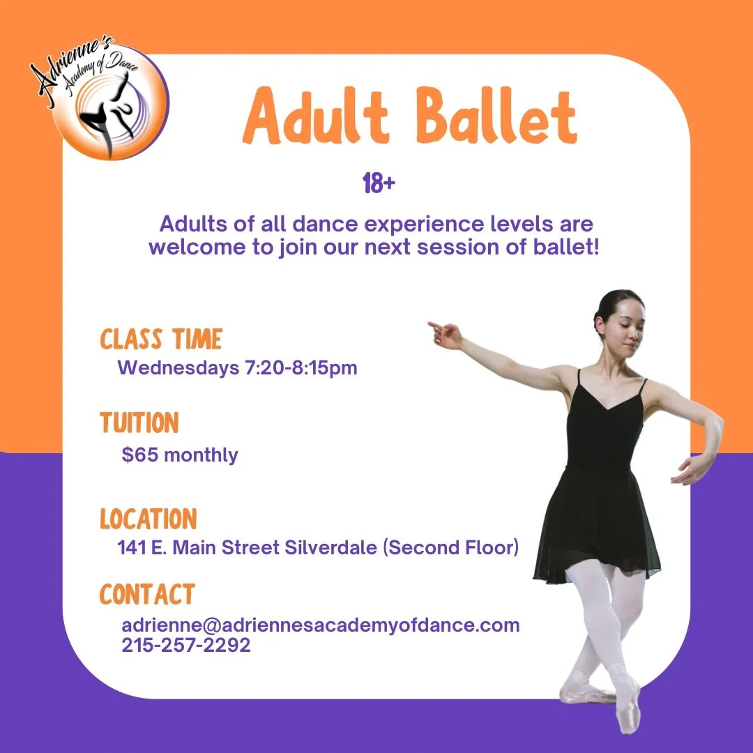 Our next 6-week session of Adult Ballet begins next Wednesday, December 3rd in our Silverdale Studio 🩰✨ No ballet experience or shoes required. Bring a friend and have some fun! 

#ballet #adultdanceclasses #perkasie #silverdale #buckscountypa #buck