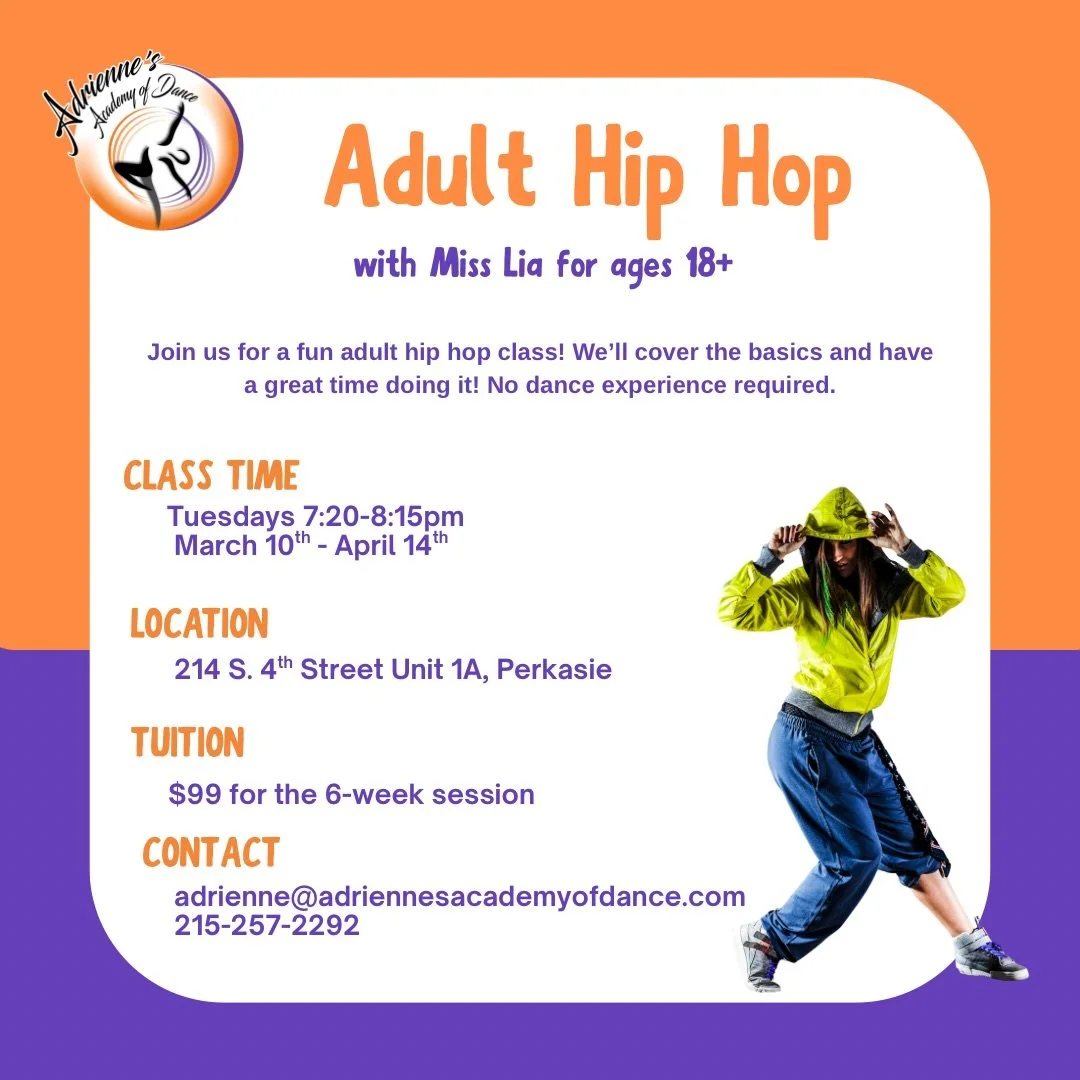 We&rsquo;re so excited to have Miss Lia back for adult hip hop in Perkasie 🧡 Contact us to join the party starting Tuesday, March 10th! 

🎉🎉 Continue the party with Miss Lia in our Summer Adult Hip Hop class on Thursdays starting in July! 

#dance