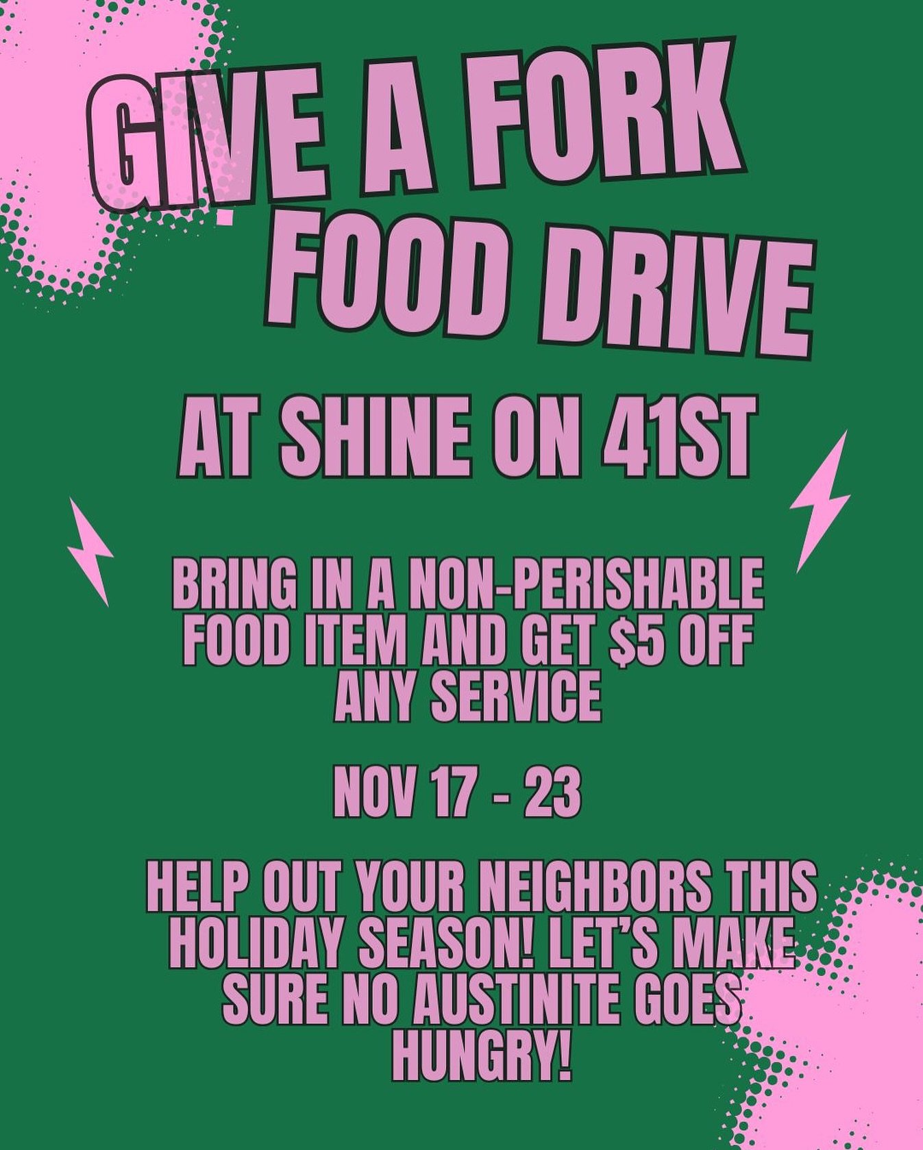 Friends! Bring something to fill our food donation box when you come for your hair pick me up this week! 

#giveafork #fightfoodinsecurity #atxhair #lindybrookshair #shineon41statx