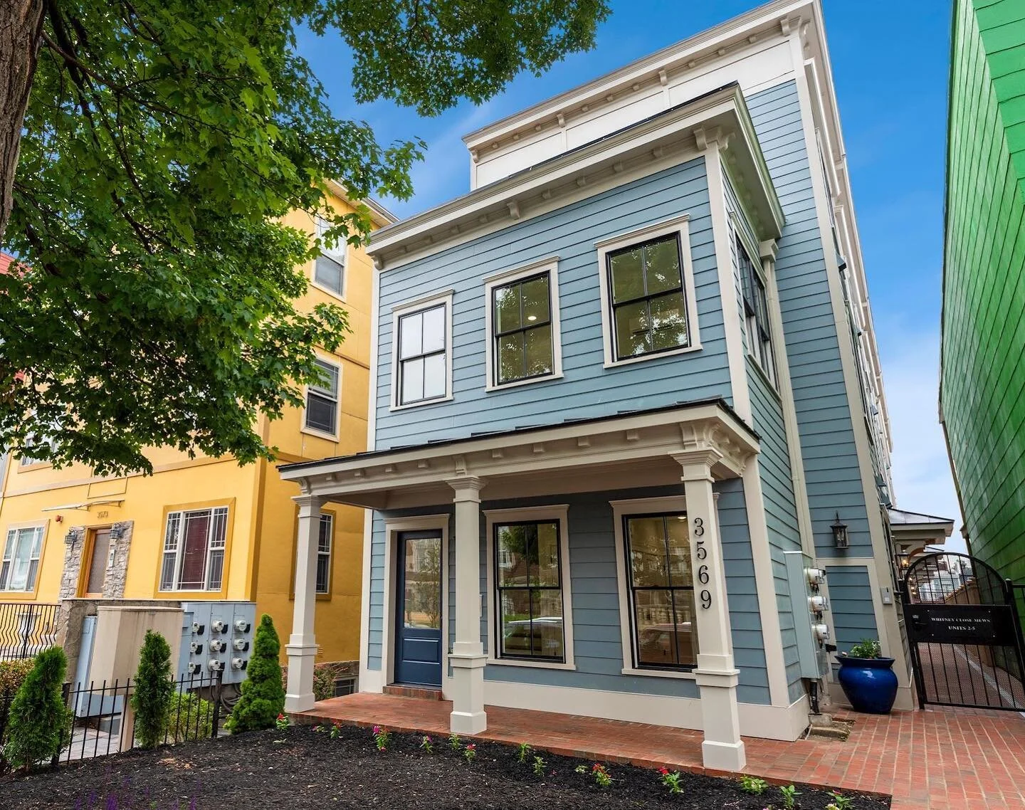 Facade of Whitney Close Mews in the Park View neighborhood of Washington, D.C.  Another 2+ year journey complete!  We worked through design with the community and treated the 3rd floor addition as if we were in a historic district (creating a 1 to 1 