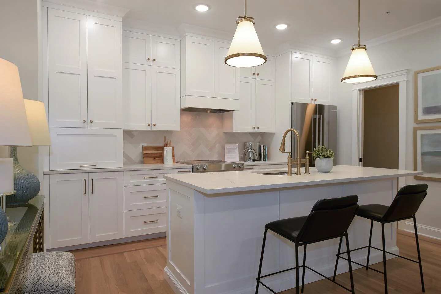 The kitchen for residence #2 at Whitney Close Mews.  Hand made custom cabinetry with walnut drawers and shelves.