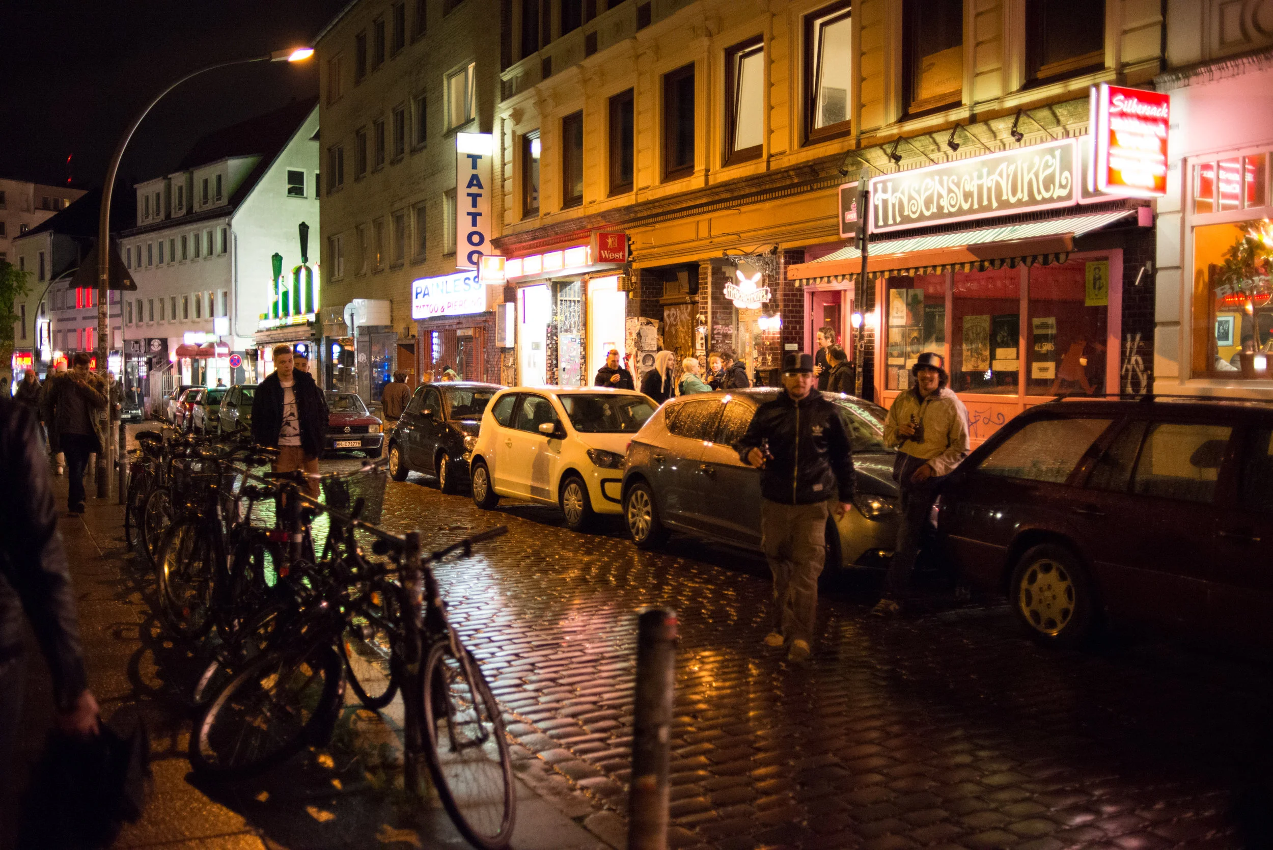 The streets in the St. Pauli district at night.