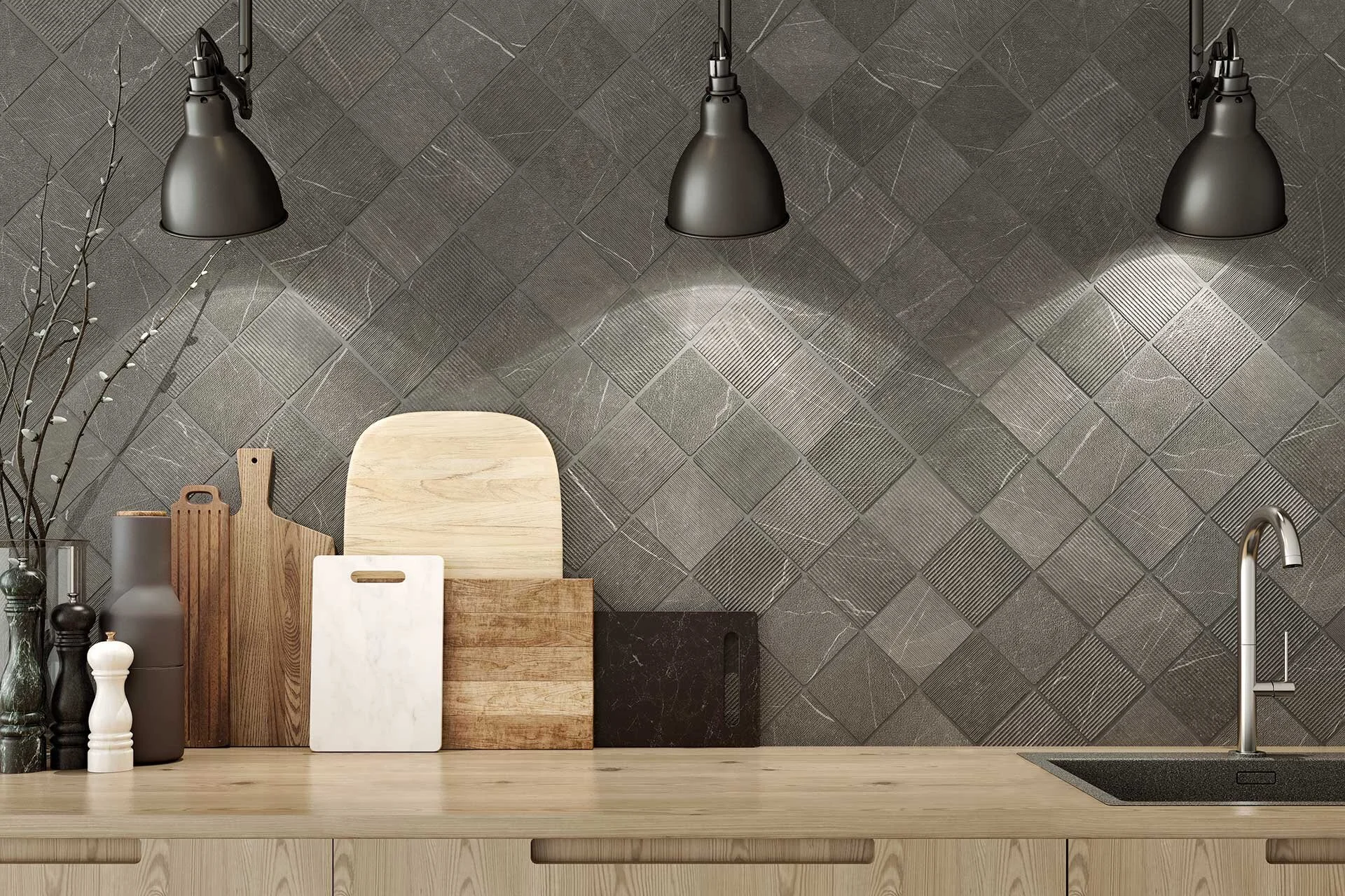 WOW Gea Carved Charcoal 4.7x4.7 — Statements Tile