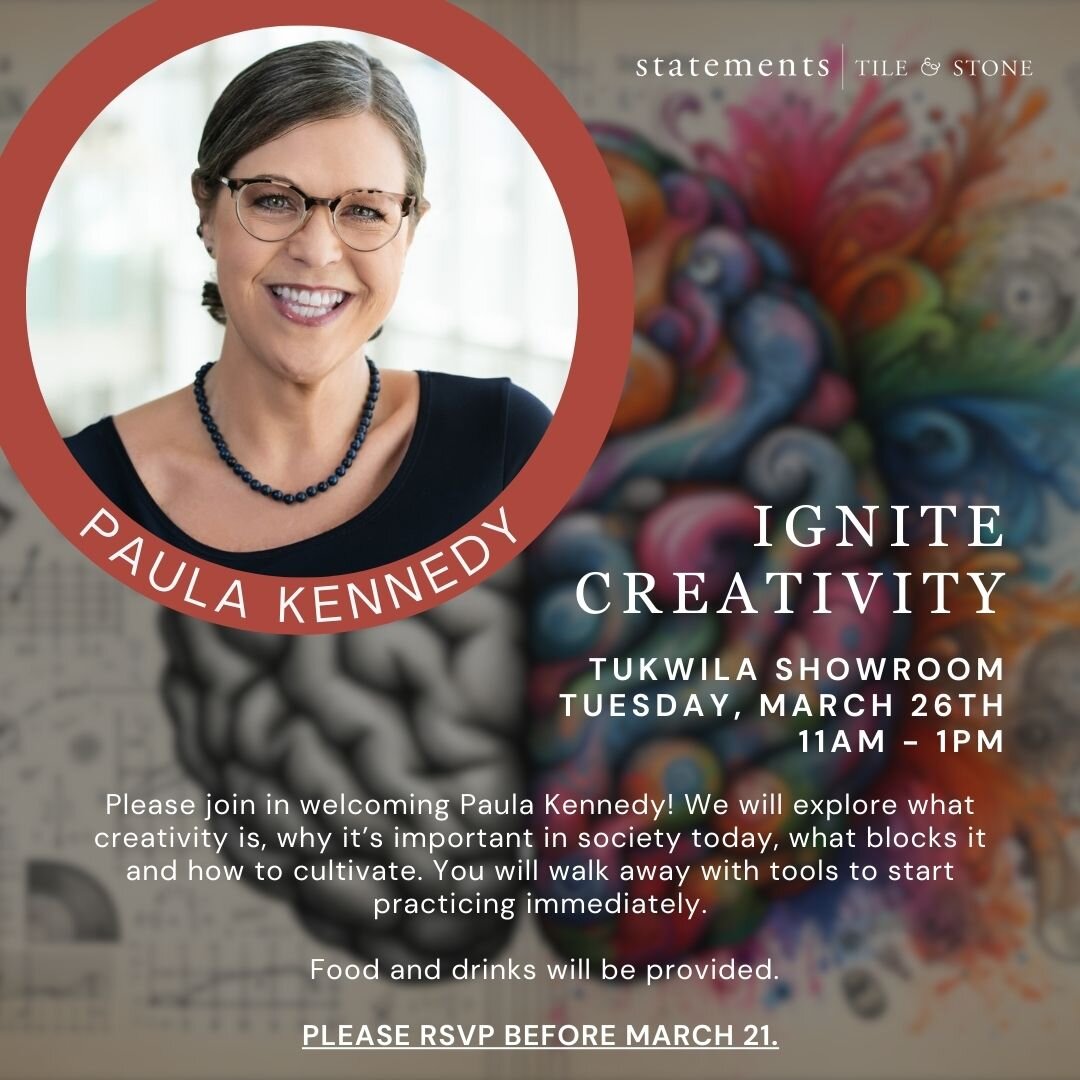 UPCOMING LUNCH EVENT! 
RSVP LINK IN BIO

Please join us for an exciting lunch event at our Tukwila showroom featuring guest speaker Paula Kennedy. 

Creativity isn&rsquo;t something we can just take for granted, force to perform on the spot, and be p