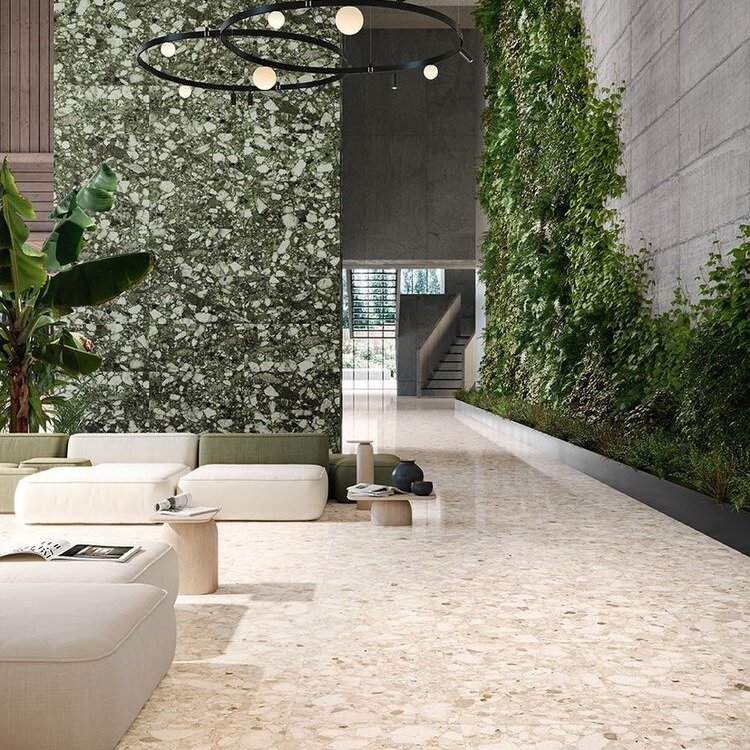 Looking to add a little dramatic flair to a classic design option? The Emerald color from our Venistone collection will do just that! Drawing inspiration from traditional breccia stone &amp; terrazzo, Venistone offers seven stone-breccia effect color