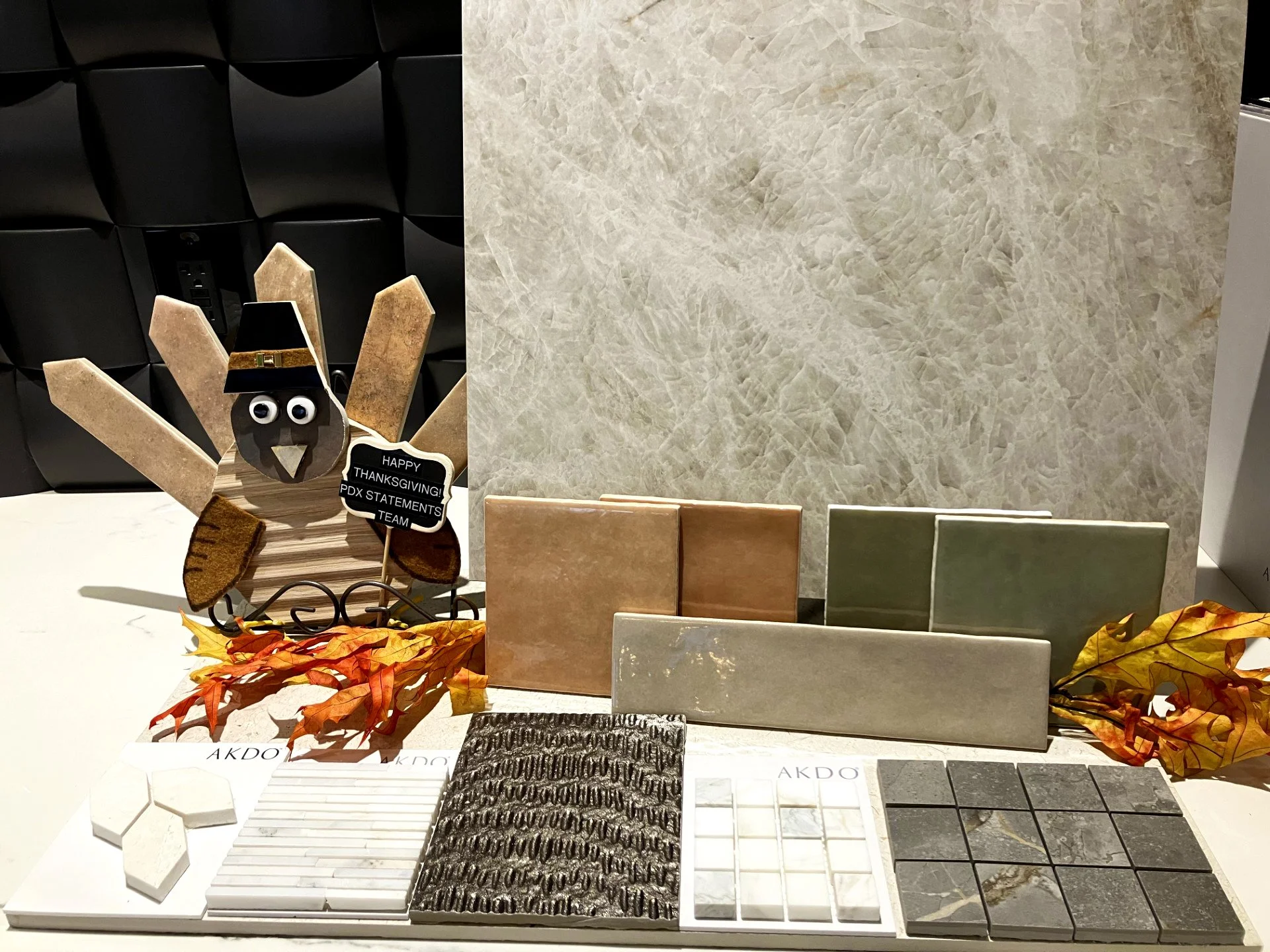 Fall tones, warm textures, and a Portland cameo&mdash;Tile Turkey Tom is helping us count down to Thanksgiving in style. 🦃

#FlatlayFriday #FallDesign #ThanksgivingCountdown #TileInspiration #PortlandDesign #StatementsTile #TileMood #SeasonalStyle