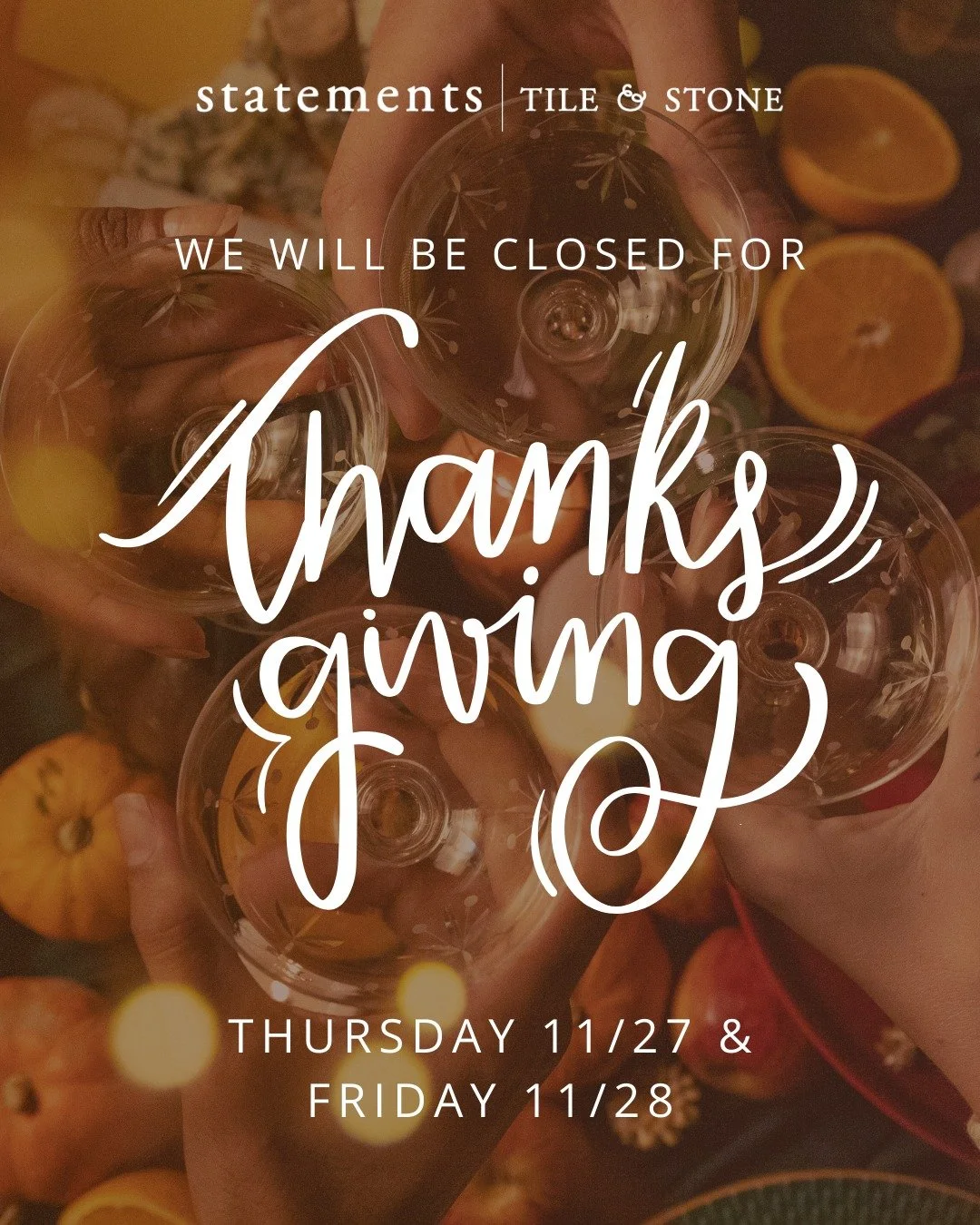 We&rsquo;ll be taking a quick holiday break in celebration of Thanksgiving:
&bull; Closed Nov 27&ndash;28
&bull; Tukwila Showroom open Saturday, Nov 29
&bull; Portland resumes Monday, Dec 1

May your Thanksgiving be as smooth as a polished slab.
Gobb