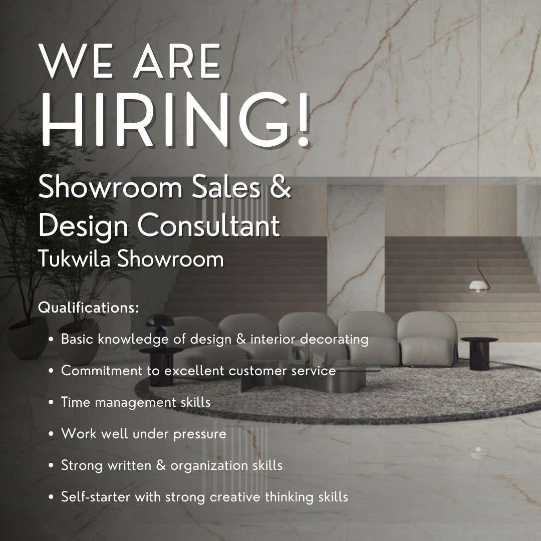 We&rsquo;re hiring! ✨
Our Tukwila showroom is looking for a Sales &amp; Design Consultant who loves great design, thrives in a fast-paced environment, and knows how to deliver an exceptional customer experience.

If you&rsquo;re detail-driven, creati