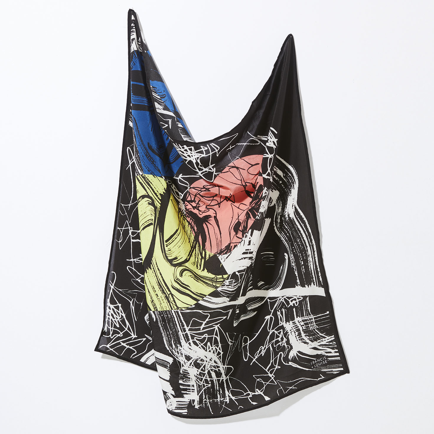 BLACK WOMEN’S SILK SCARF WITH MULTI-COLOURED ABSTRACT PAINTERLY PATTERN