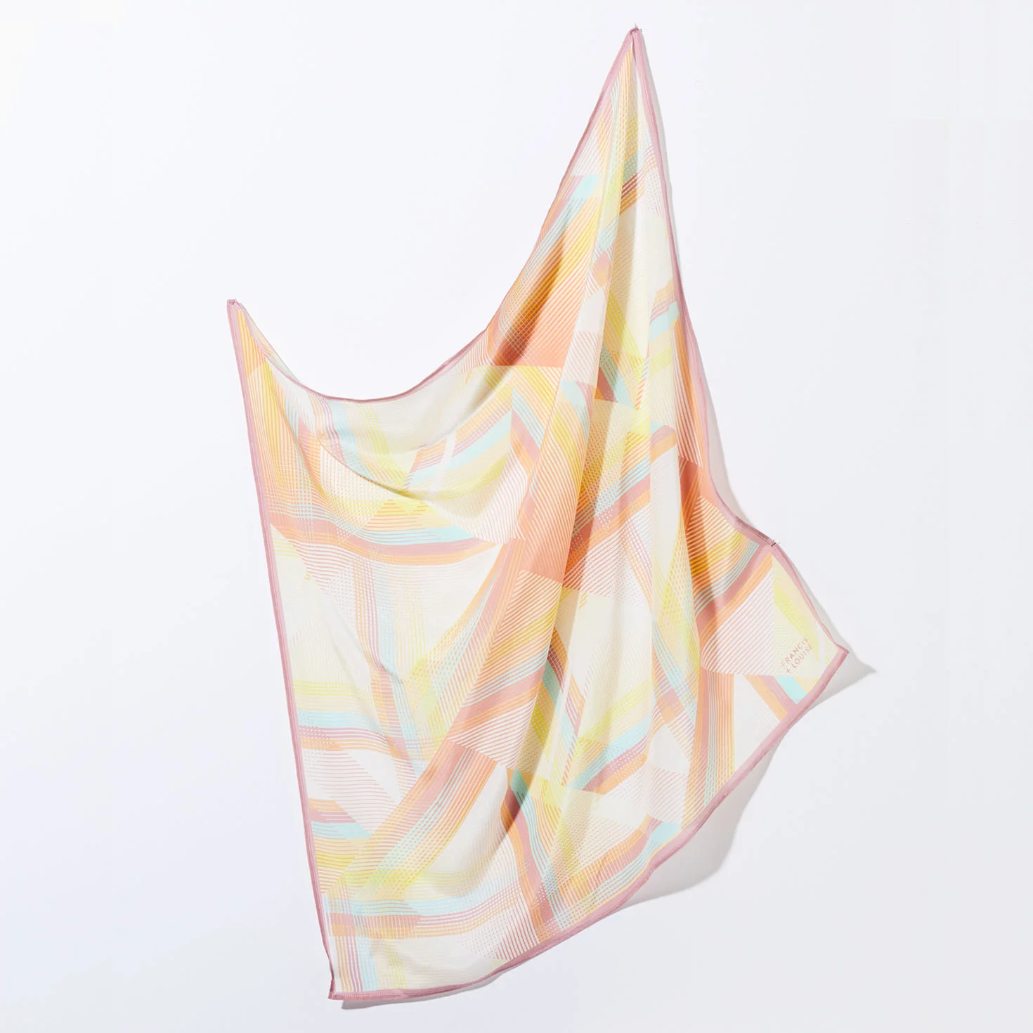 WOMEN’S SQUARE SILK SCARF WITH A LIGHT YELLOW, PINK AND BLUE GEOMETRIC PATTERN